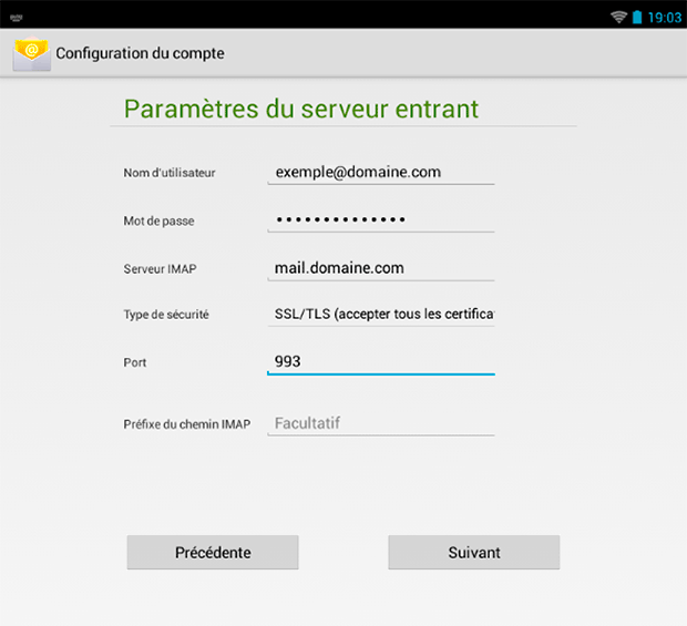 Android 4 : Paramètres IMAP