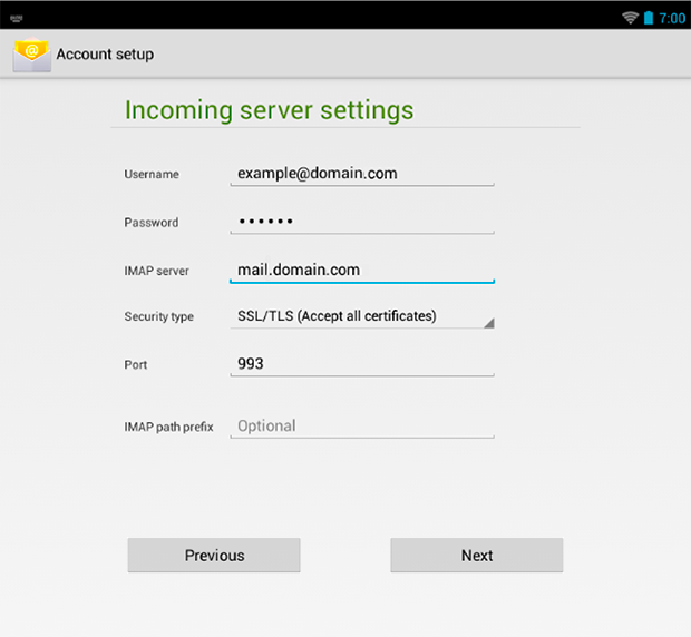 Android 4 : Incoming Server Settings