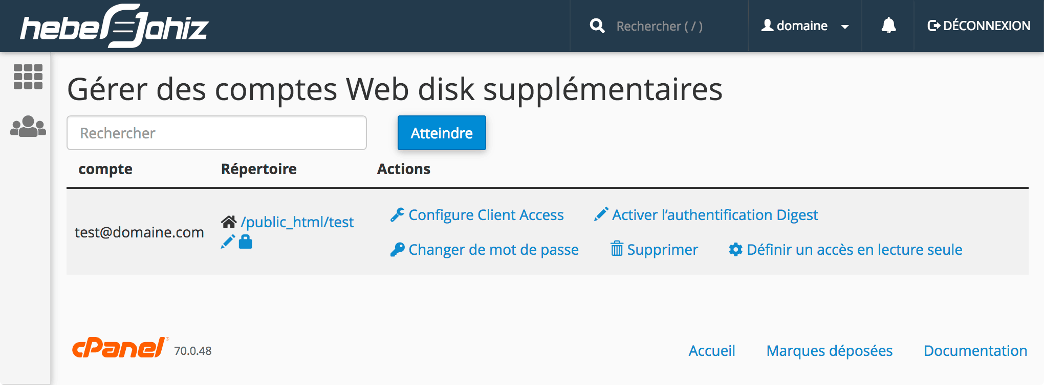 cPanel: Gestion des comptes Web Disk