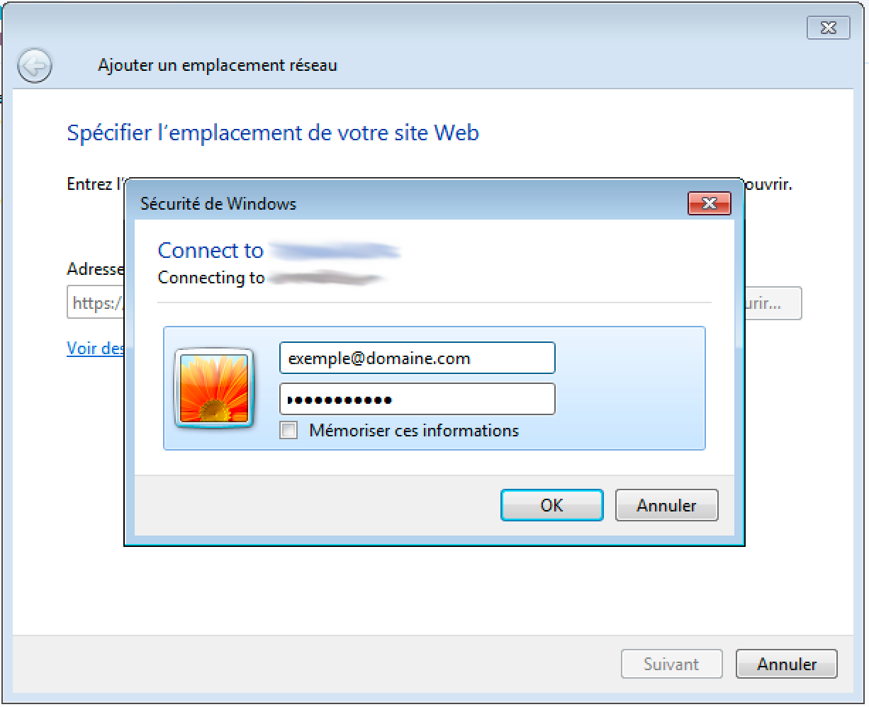 Configuration Web Disk sur Windows : Identifiants du compte