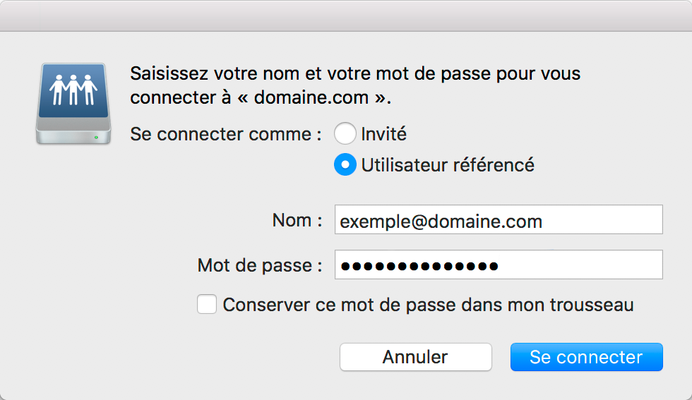 Configuration Web Disk sur Mac : Identifiants du compte
