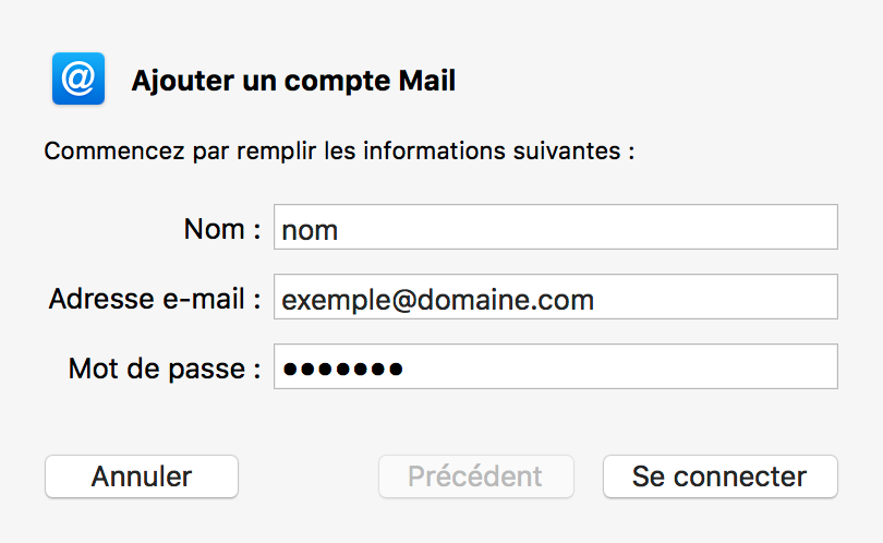 MacOS Mail : Identifiants du compte