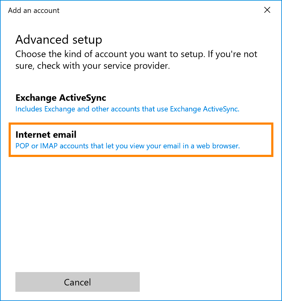 Windows 10 Mail : Account Type IMAP