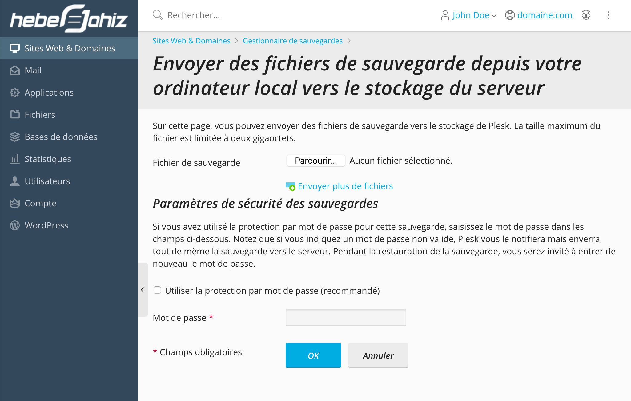 Plesk : Chargement de la sauvegarde local