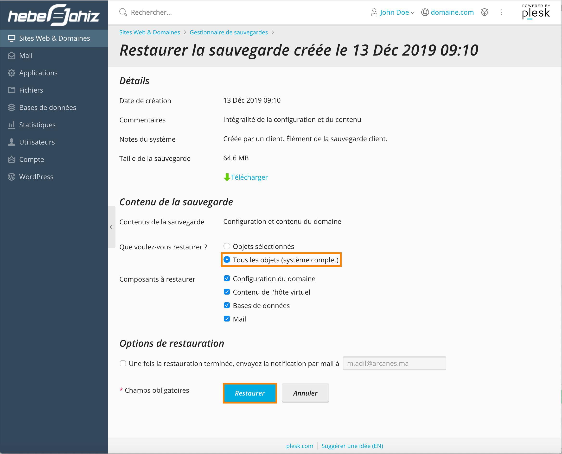 Plesk : Restauration complète