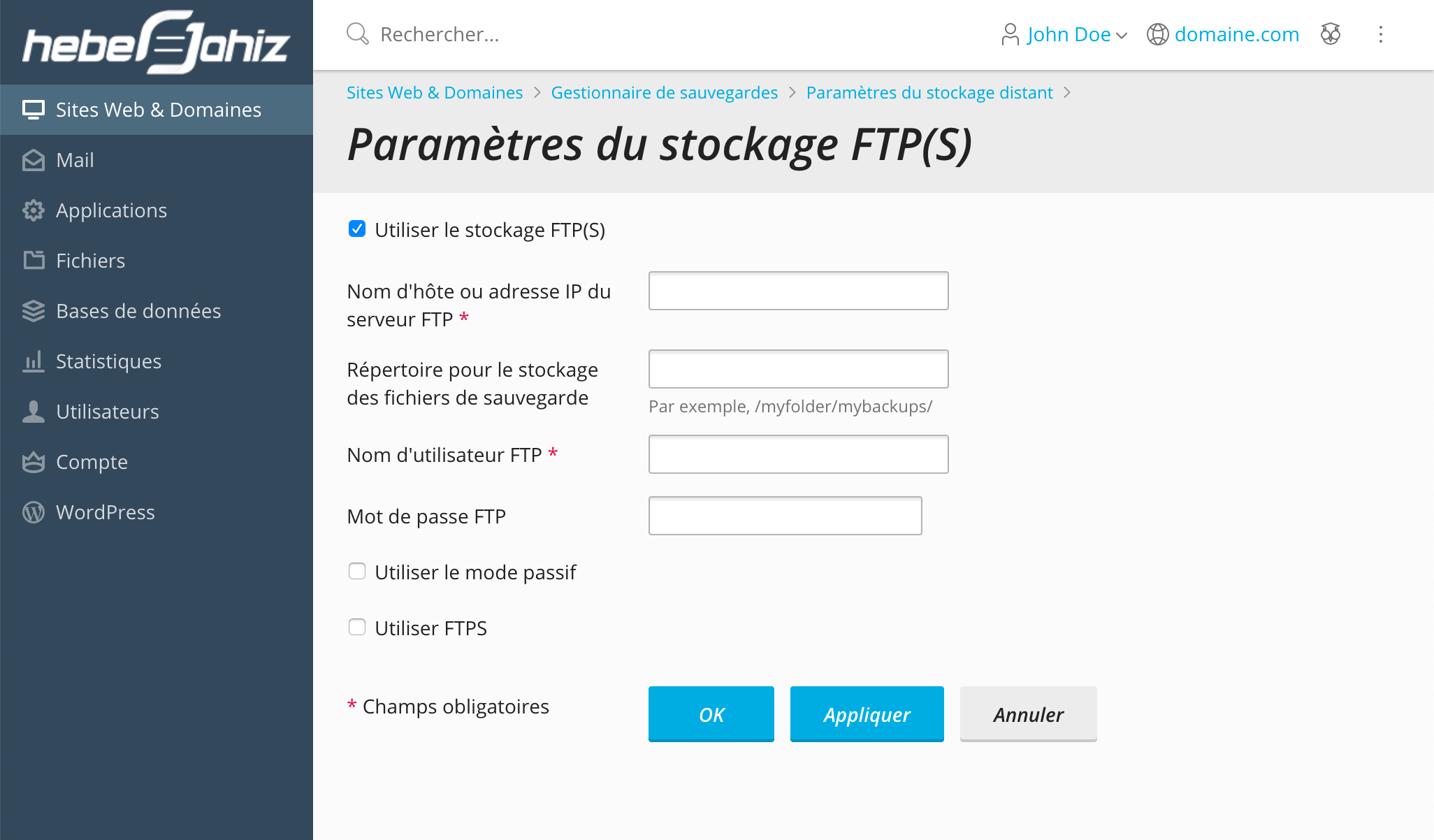 Plesk : Paramètres FTP pour stockage distant