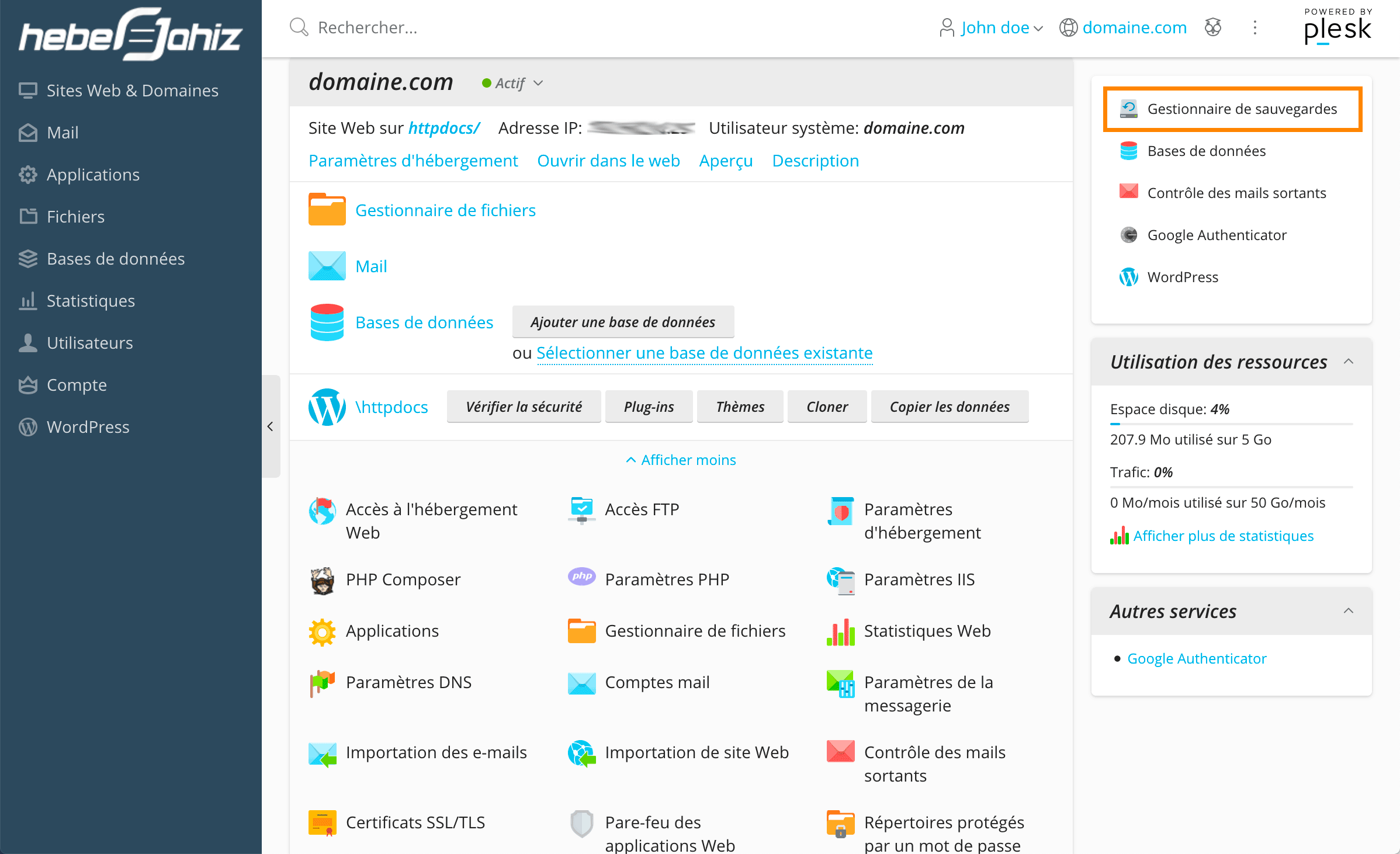 Plesk : Gestionnaire de sauvegardes