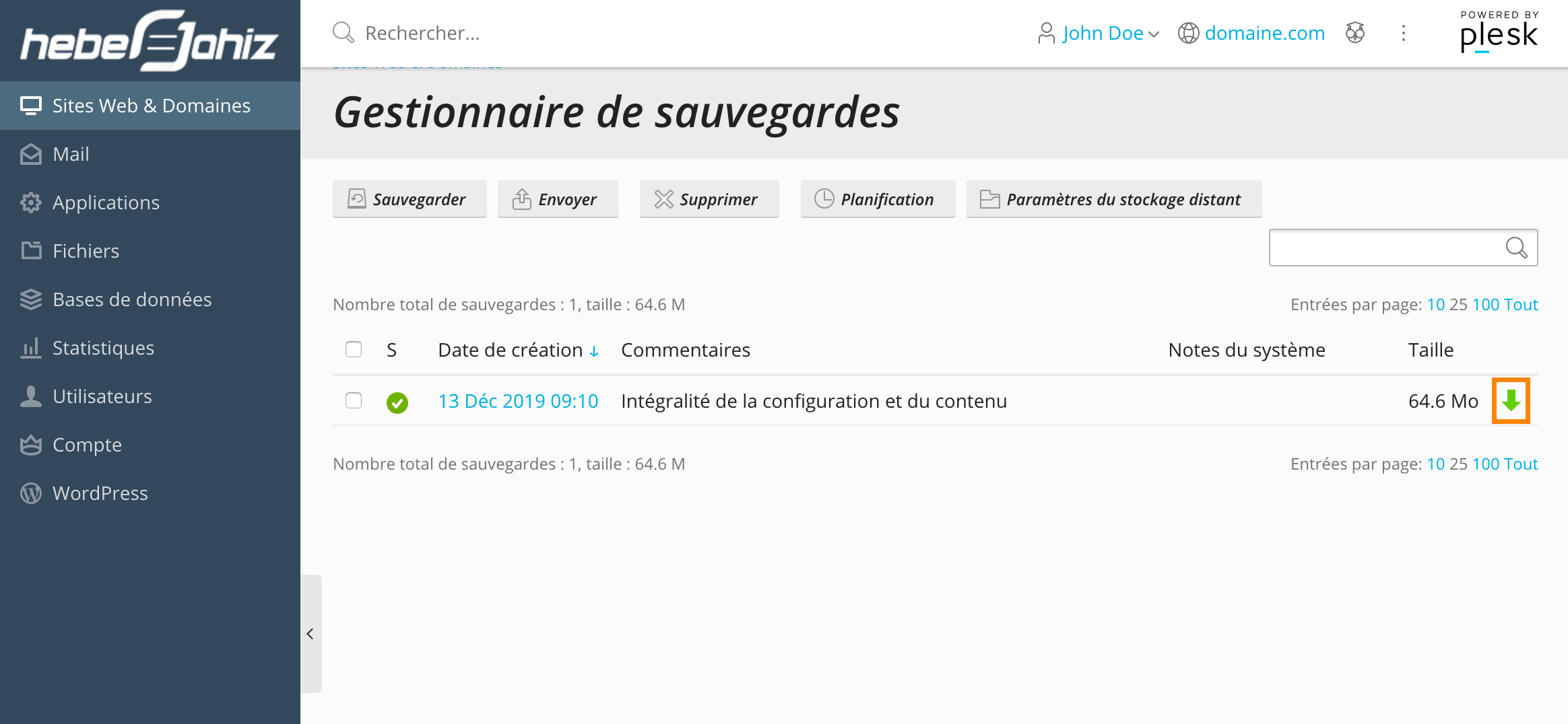 Plesk : Télécharger la sauvegarde