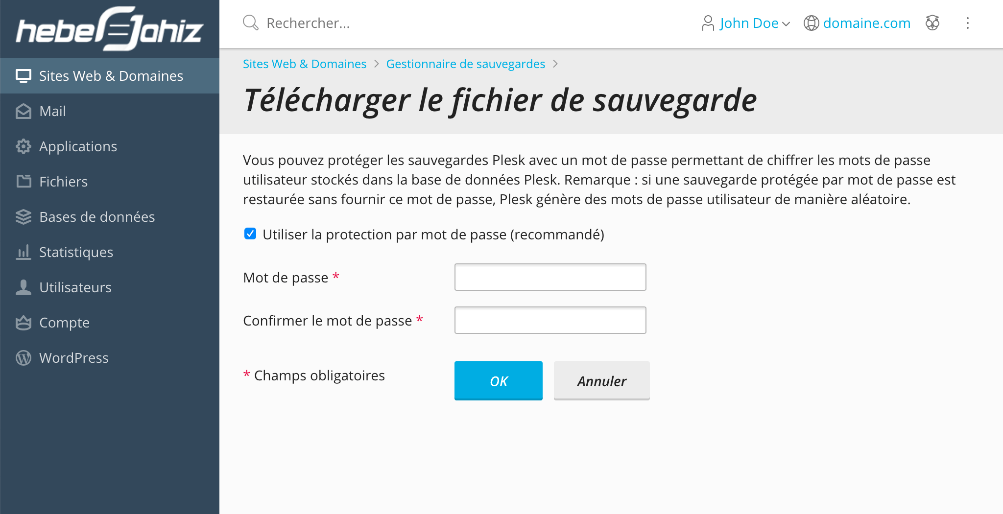 Plesk: Protection de sauvegarde par mot de passe
