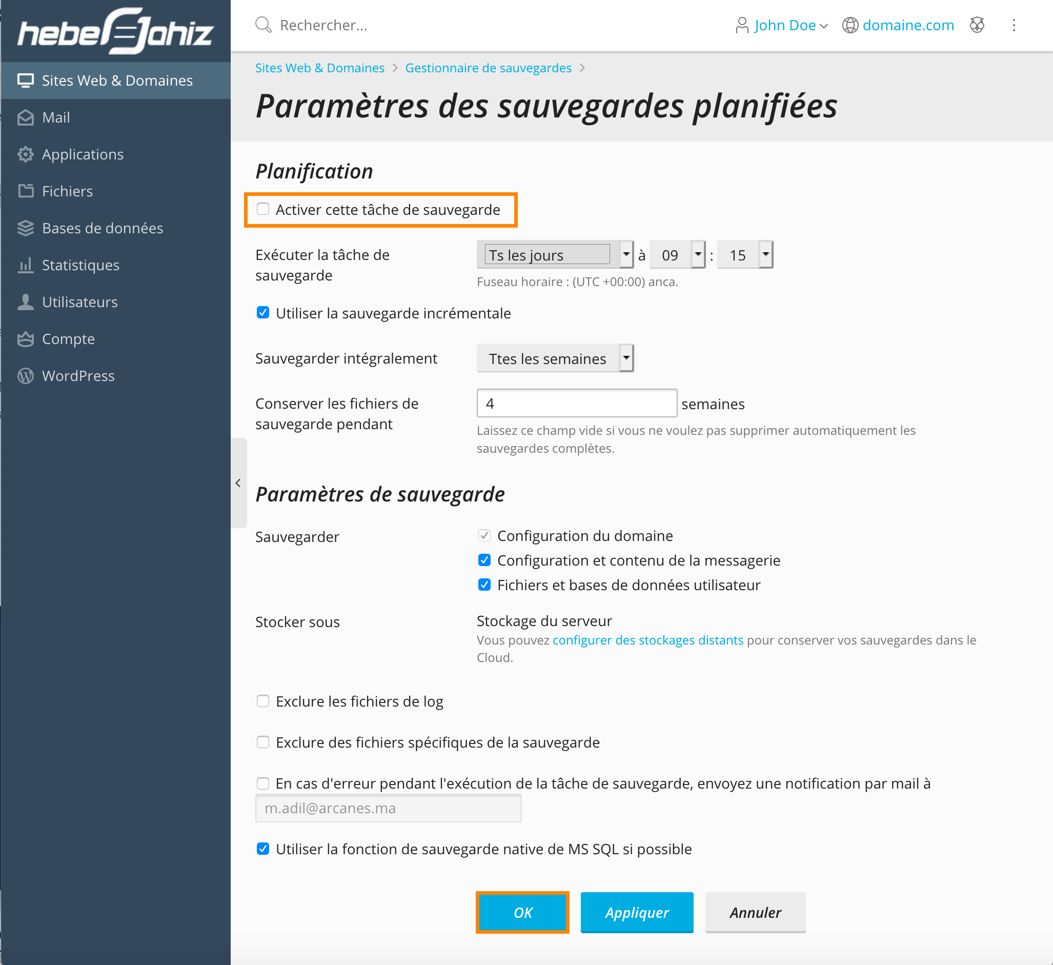 Plesk: Paramètres des sauvegardes automatiques