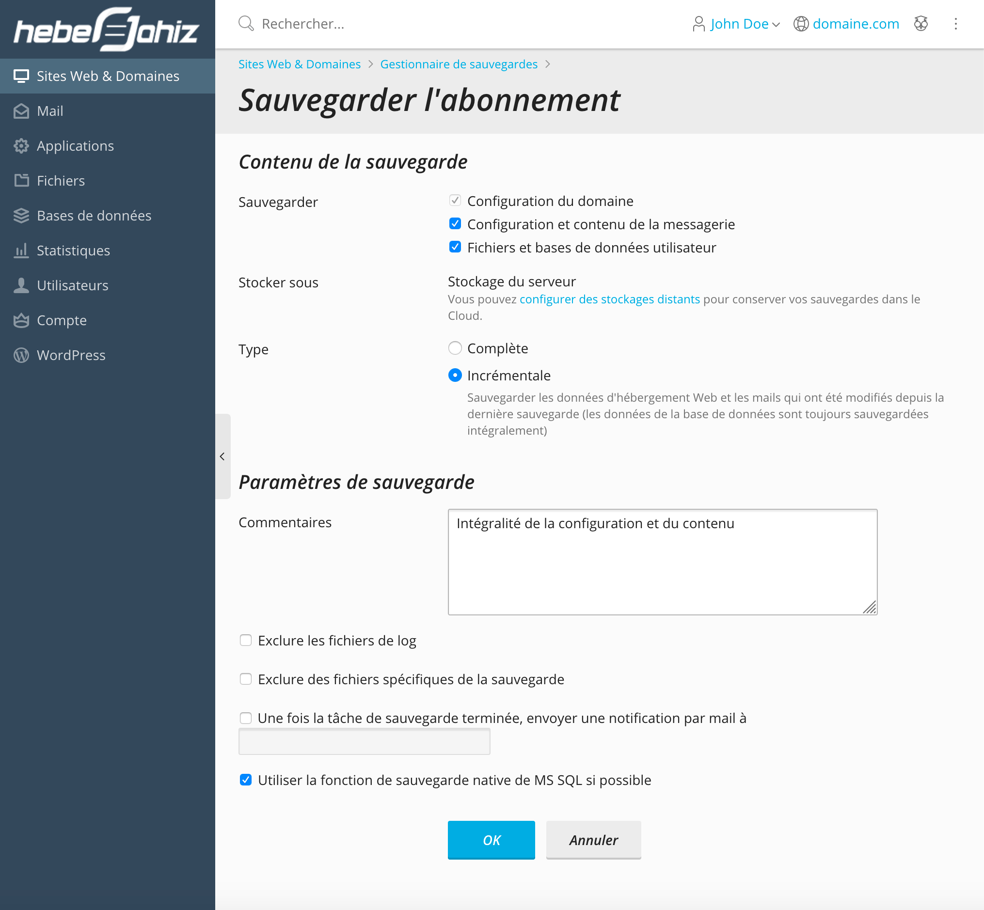Plesk : Type de sauvegarde ( complète ou incrémentale)