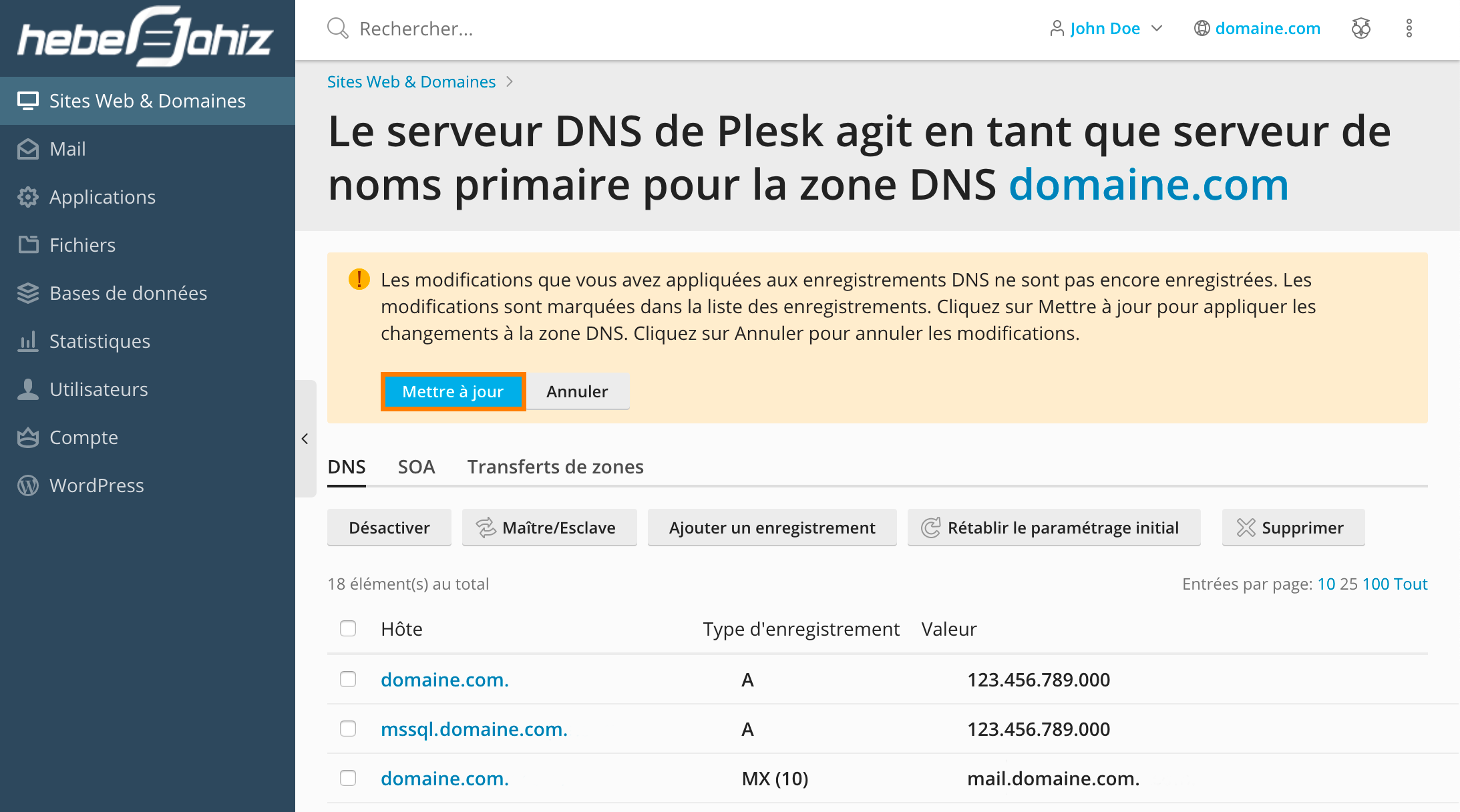 Plesk: Confirmation de modification DNS
