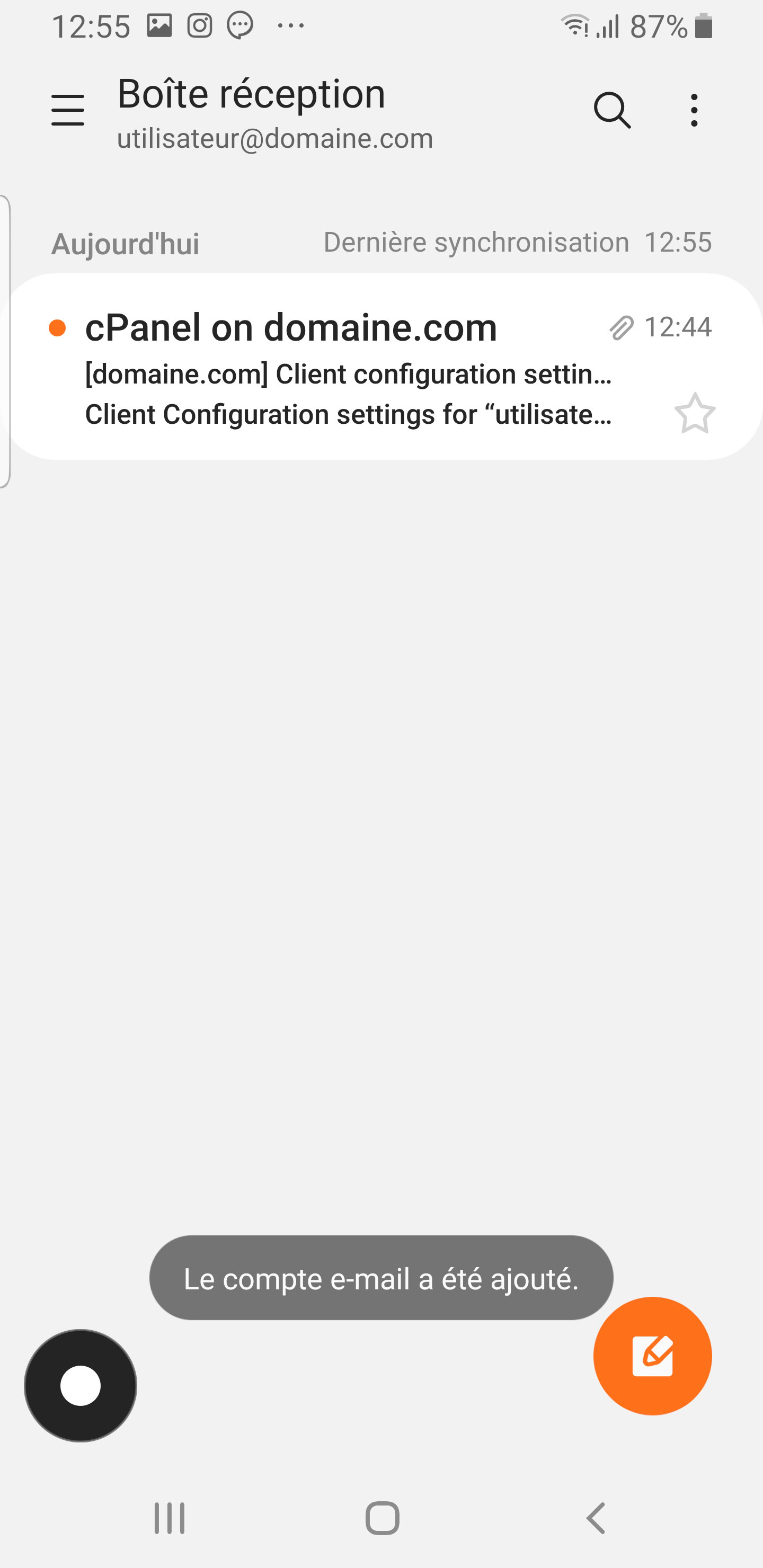 Android 5 : Compte de messagerie configuré