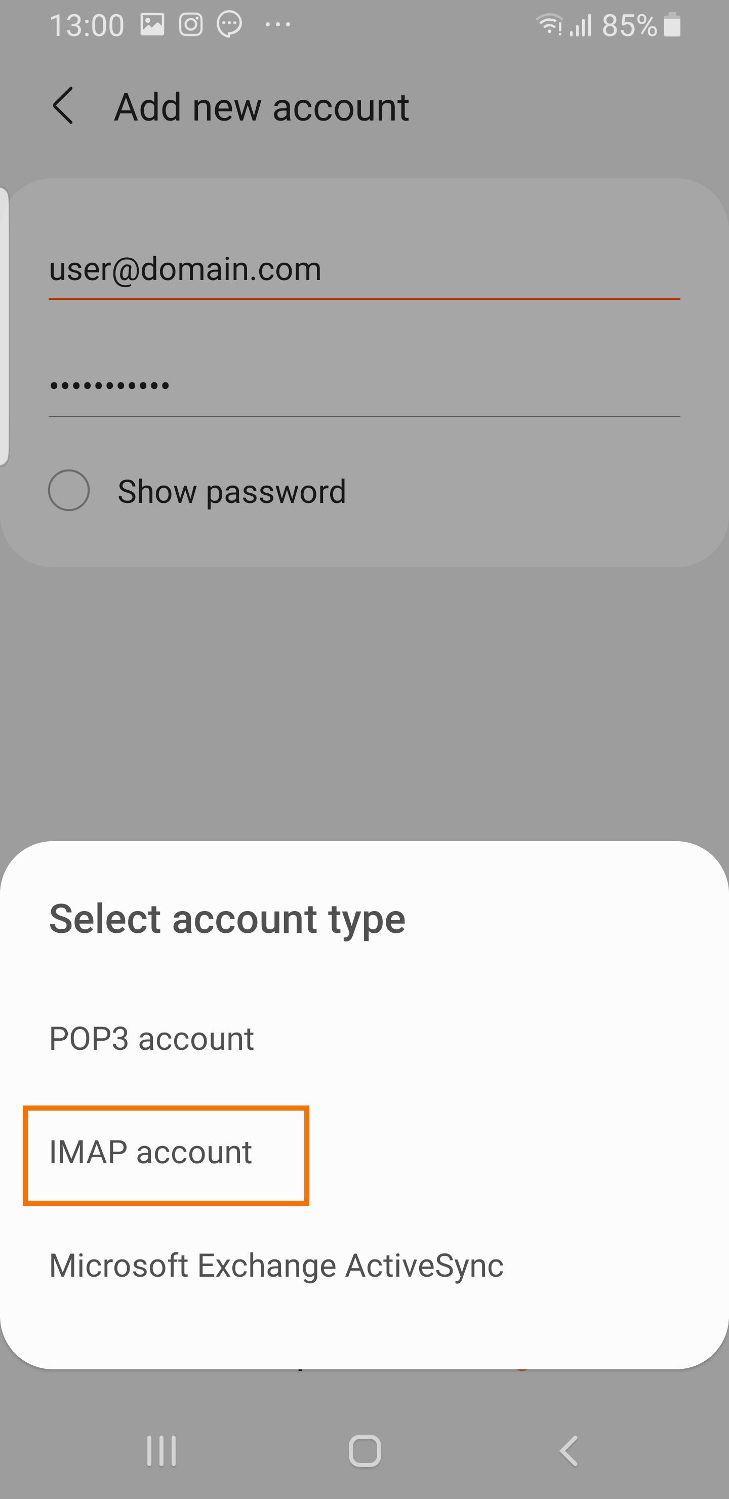 Android 5 : Account type - IMAP
