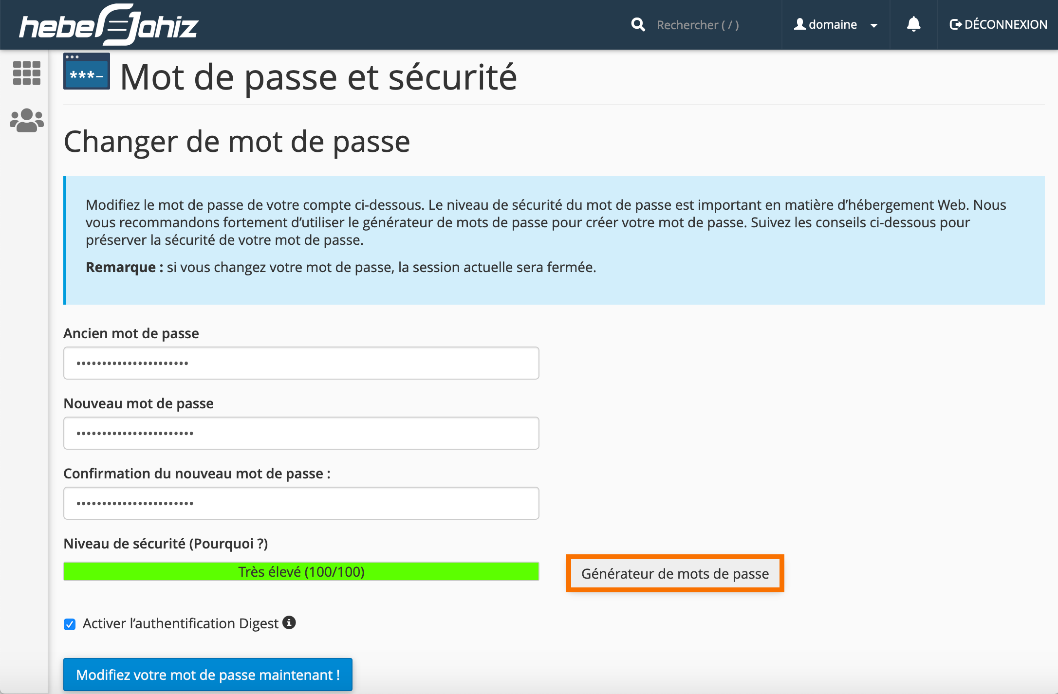 cPanel : Changement du mot de passe