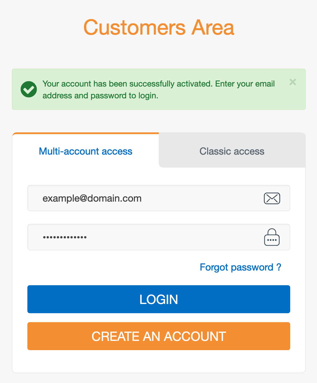 Customers Area : Account Activation