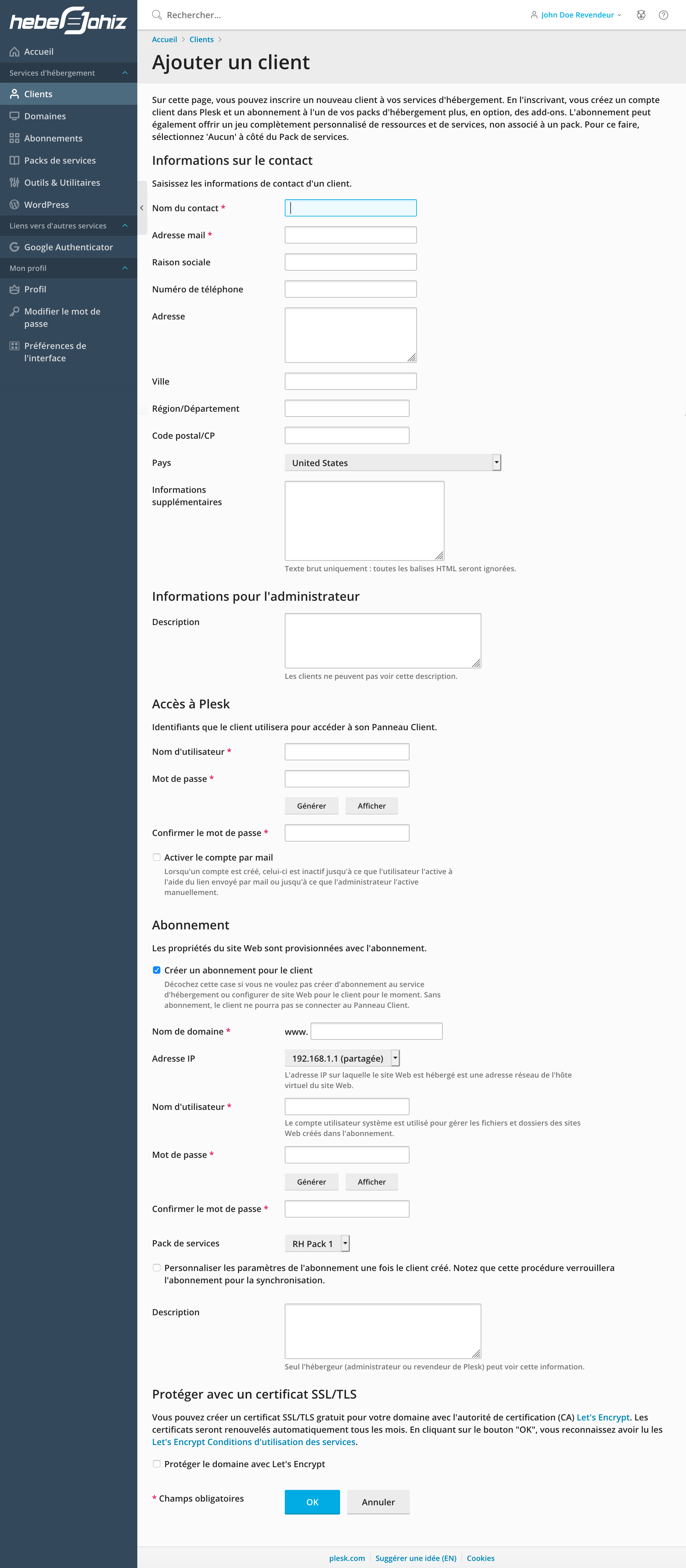 Plesk : Revendeurs - Information du compte client