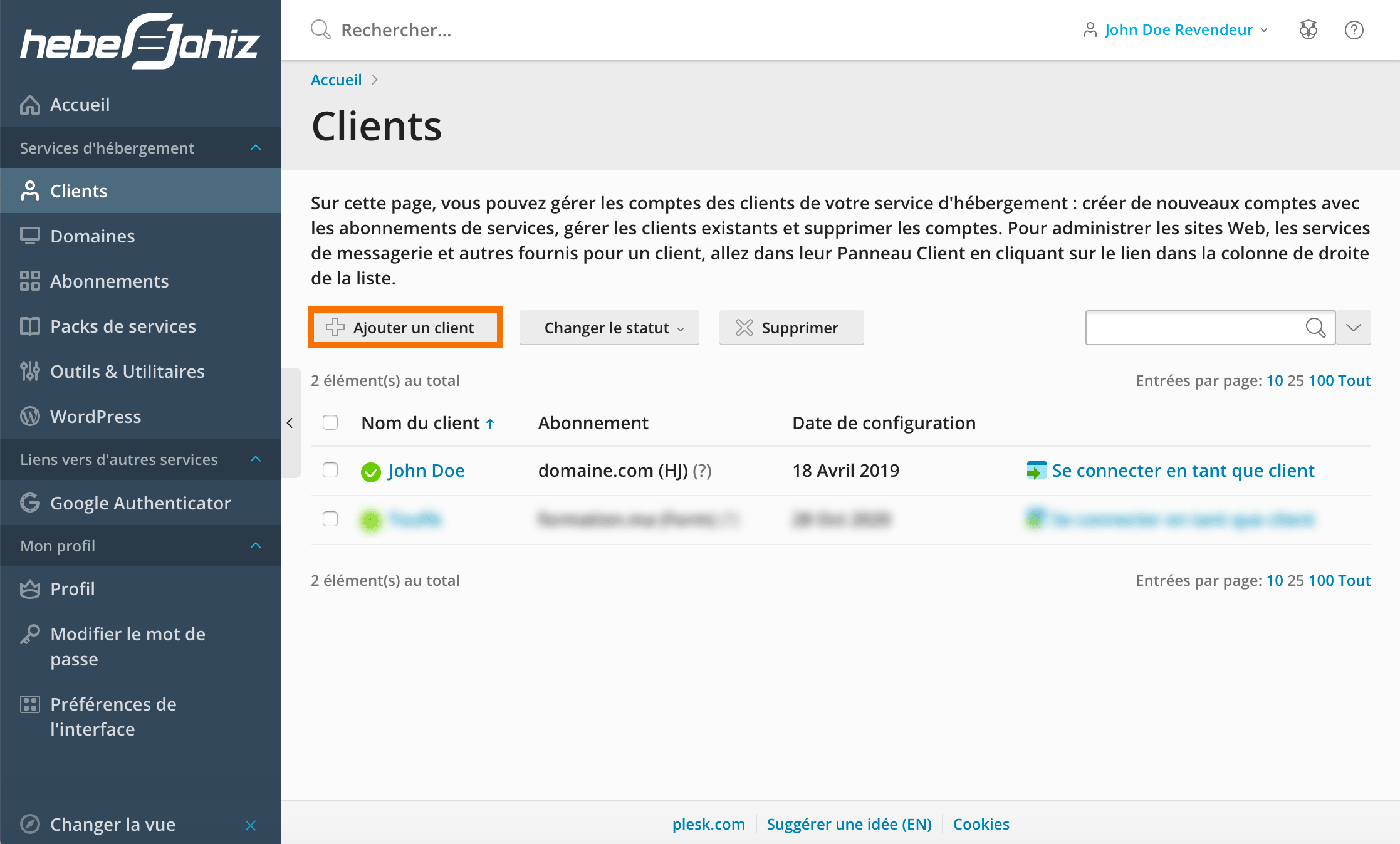 Plesk : Revendeurs - Ajouter un client
