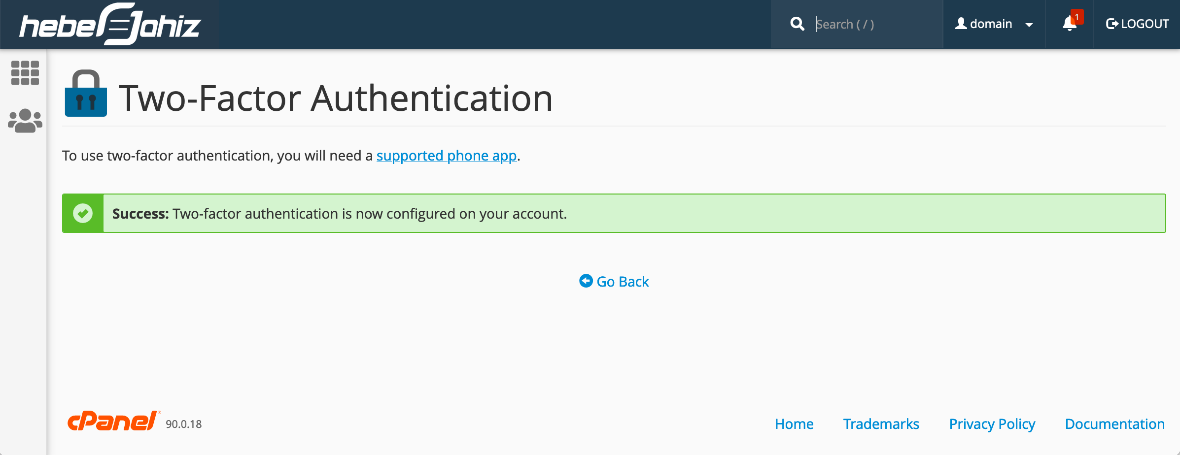cPanel : Two-Factor Authentication Activated