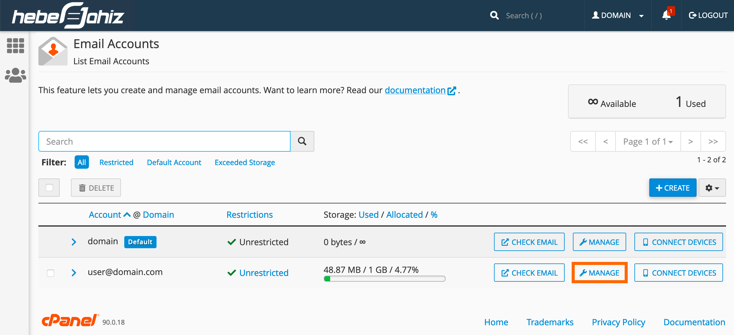 cPanel : Manage email Account