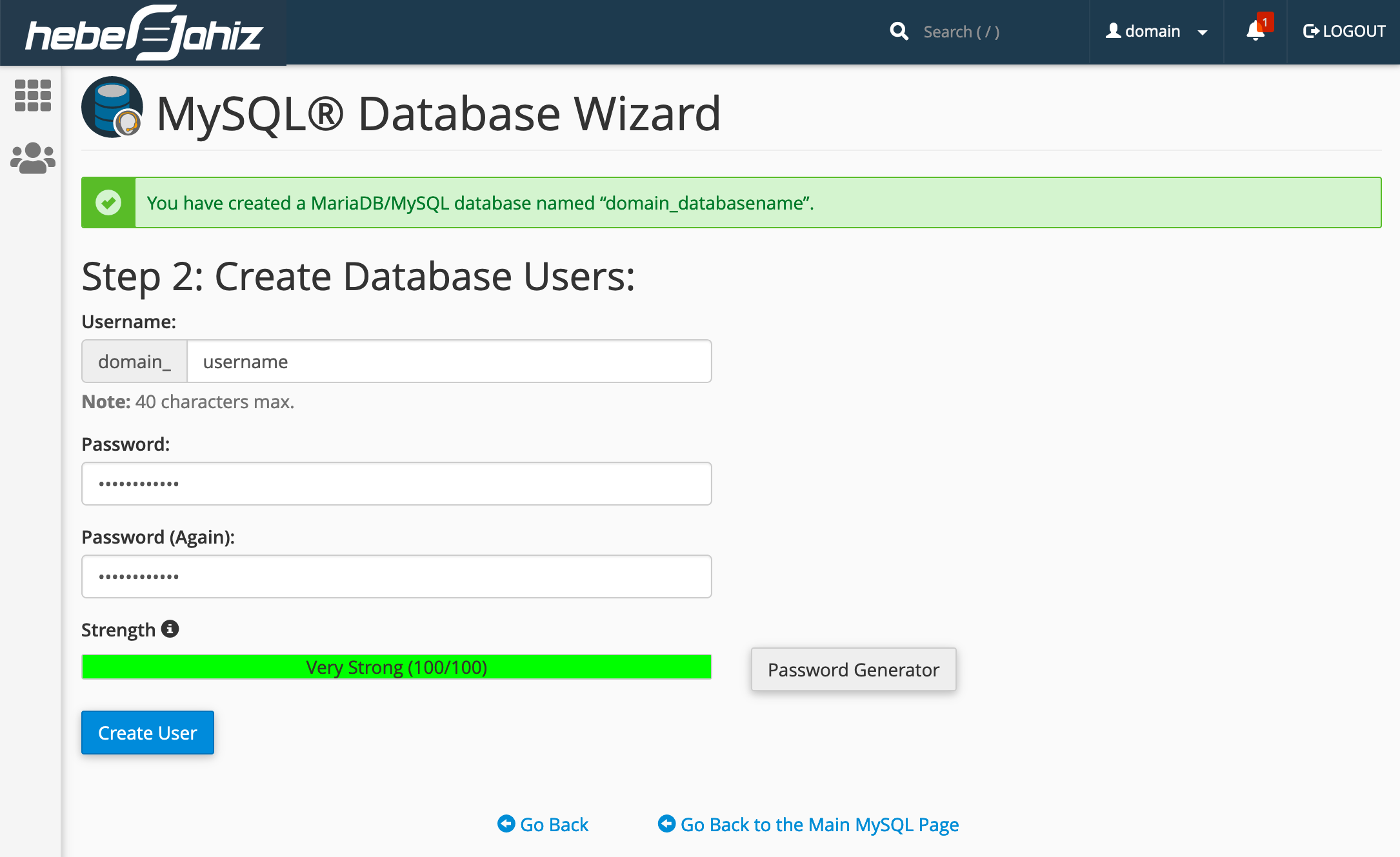 cPanel : Create MySQL Database User