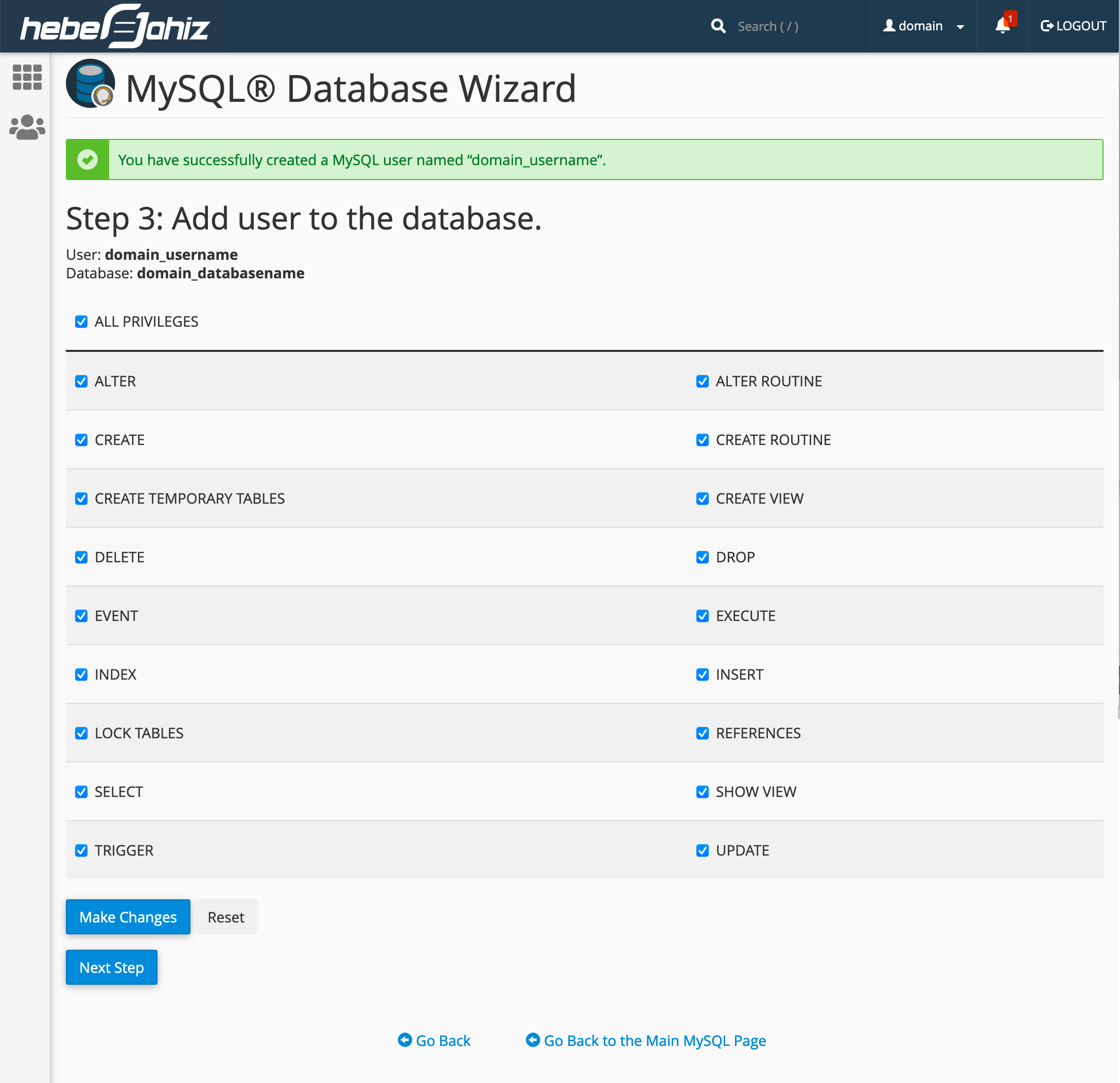 cPanel : MySQL Database User Privileges