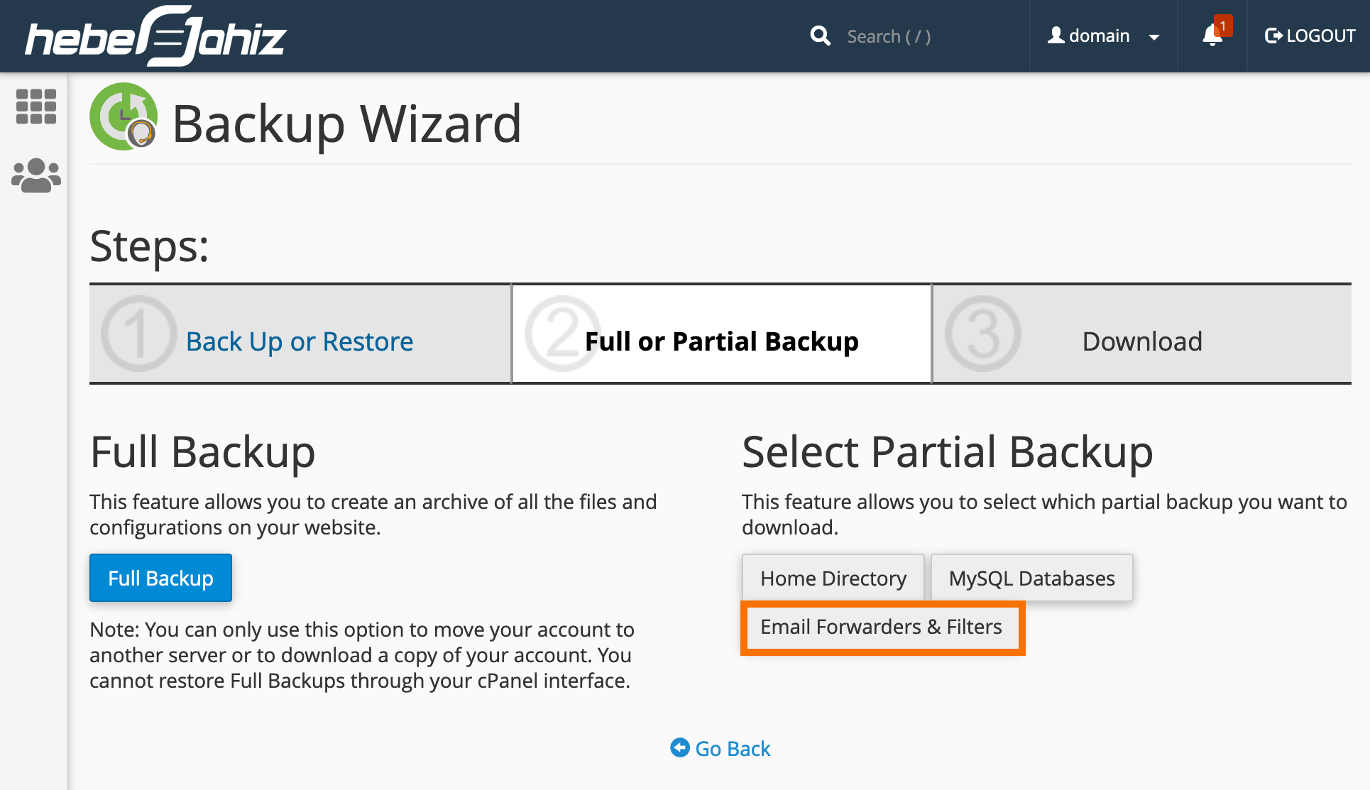 cPanel : Partial Backup Forwarders & Filters