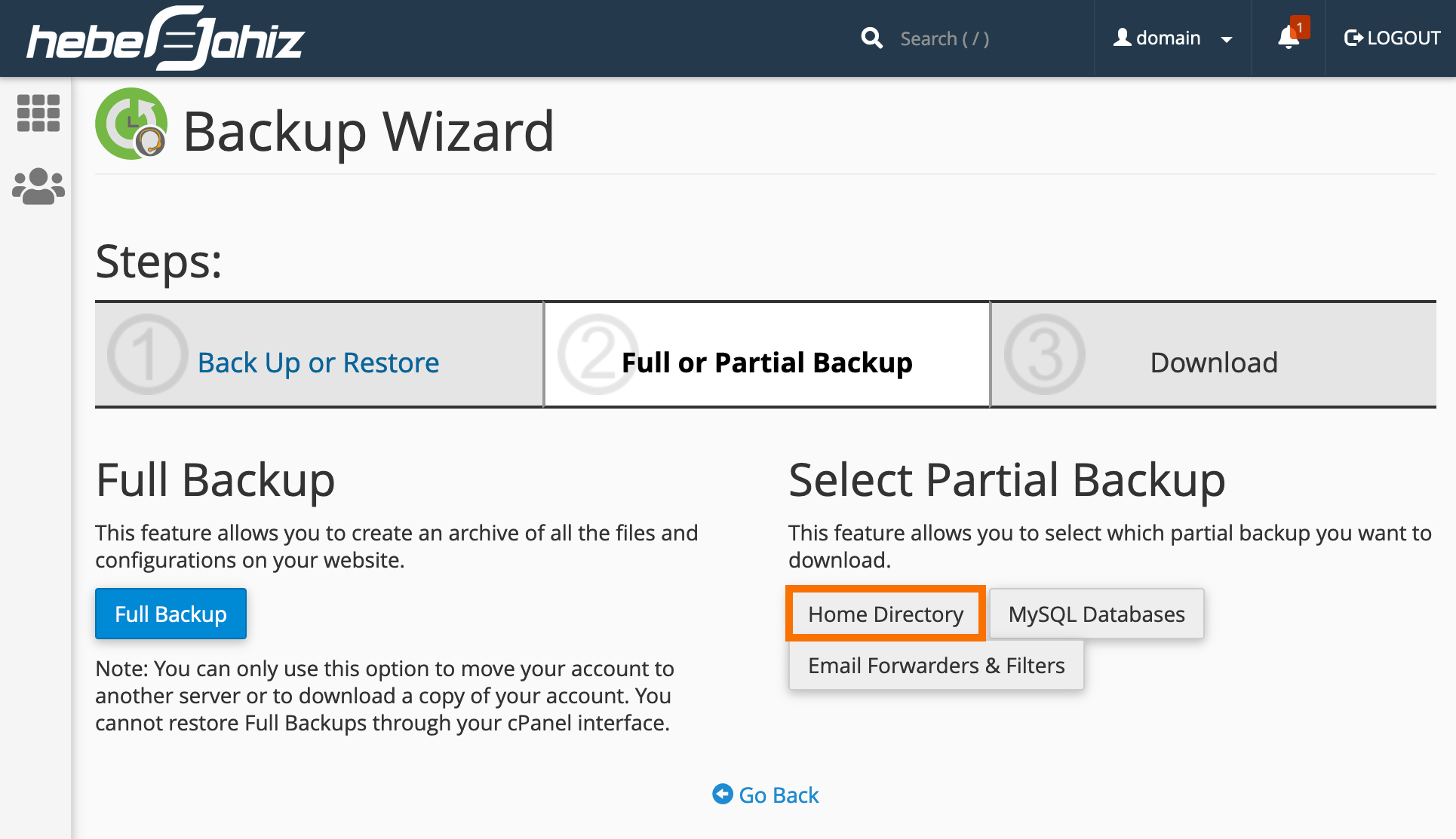 cPanel : Partial Backup