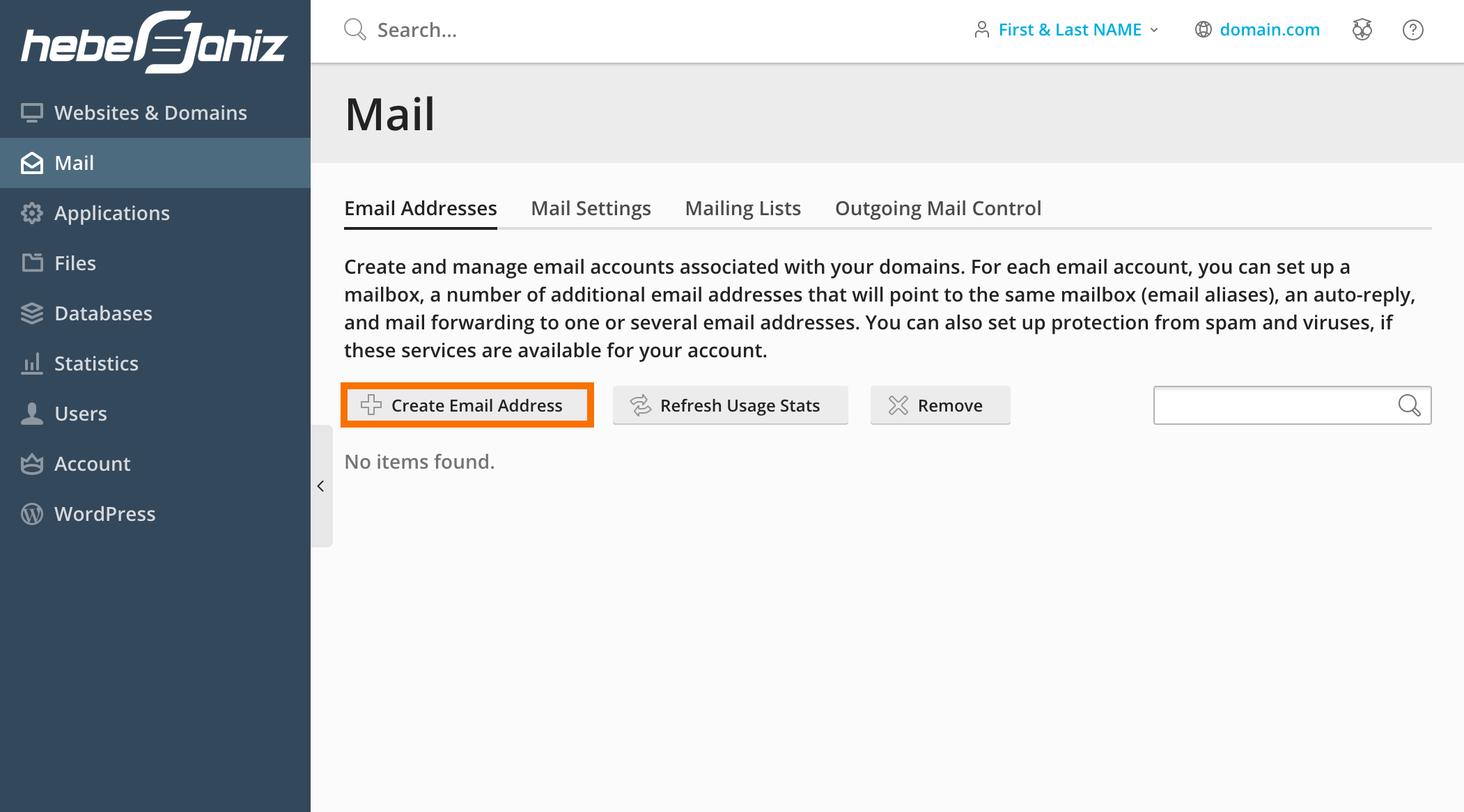 Plesk : Mail - Add Account