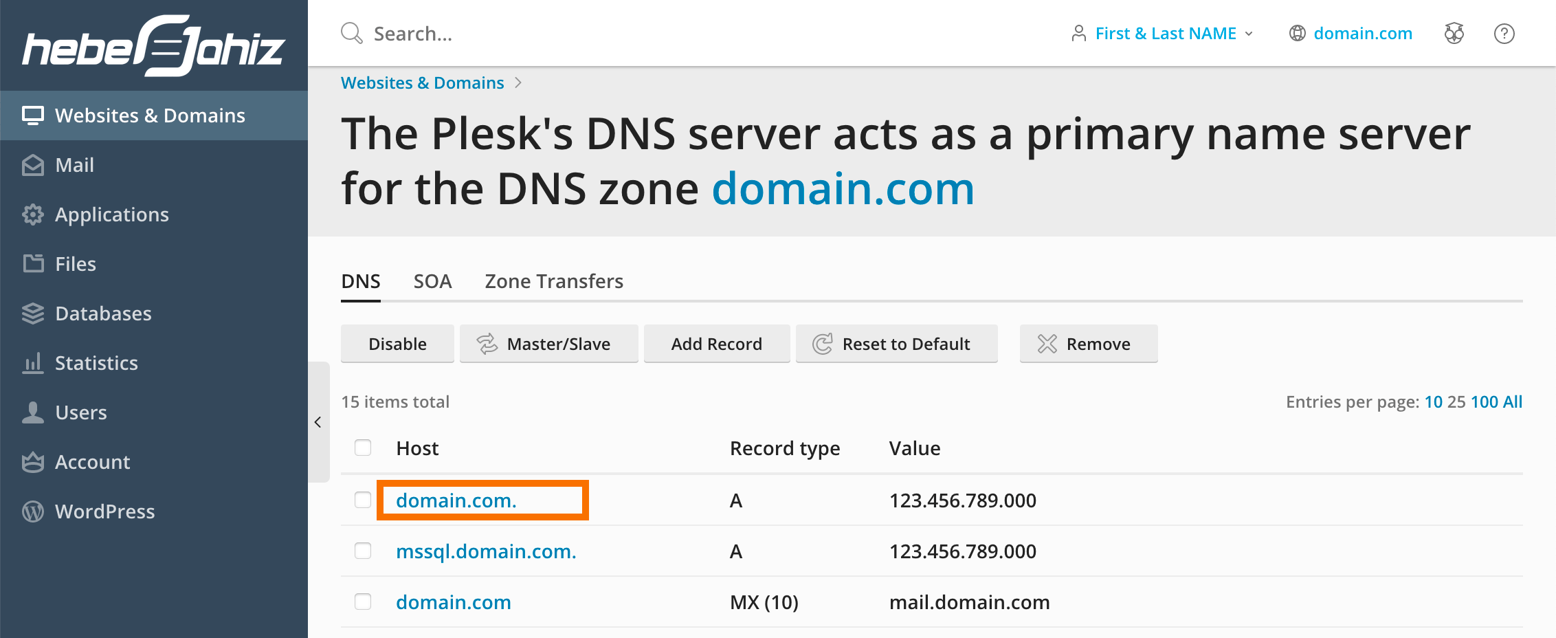 setup plesk to use external dns