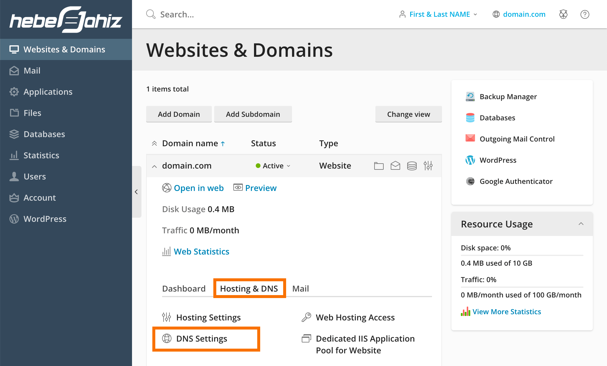 setup plesk to use external dns