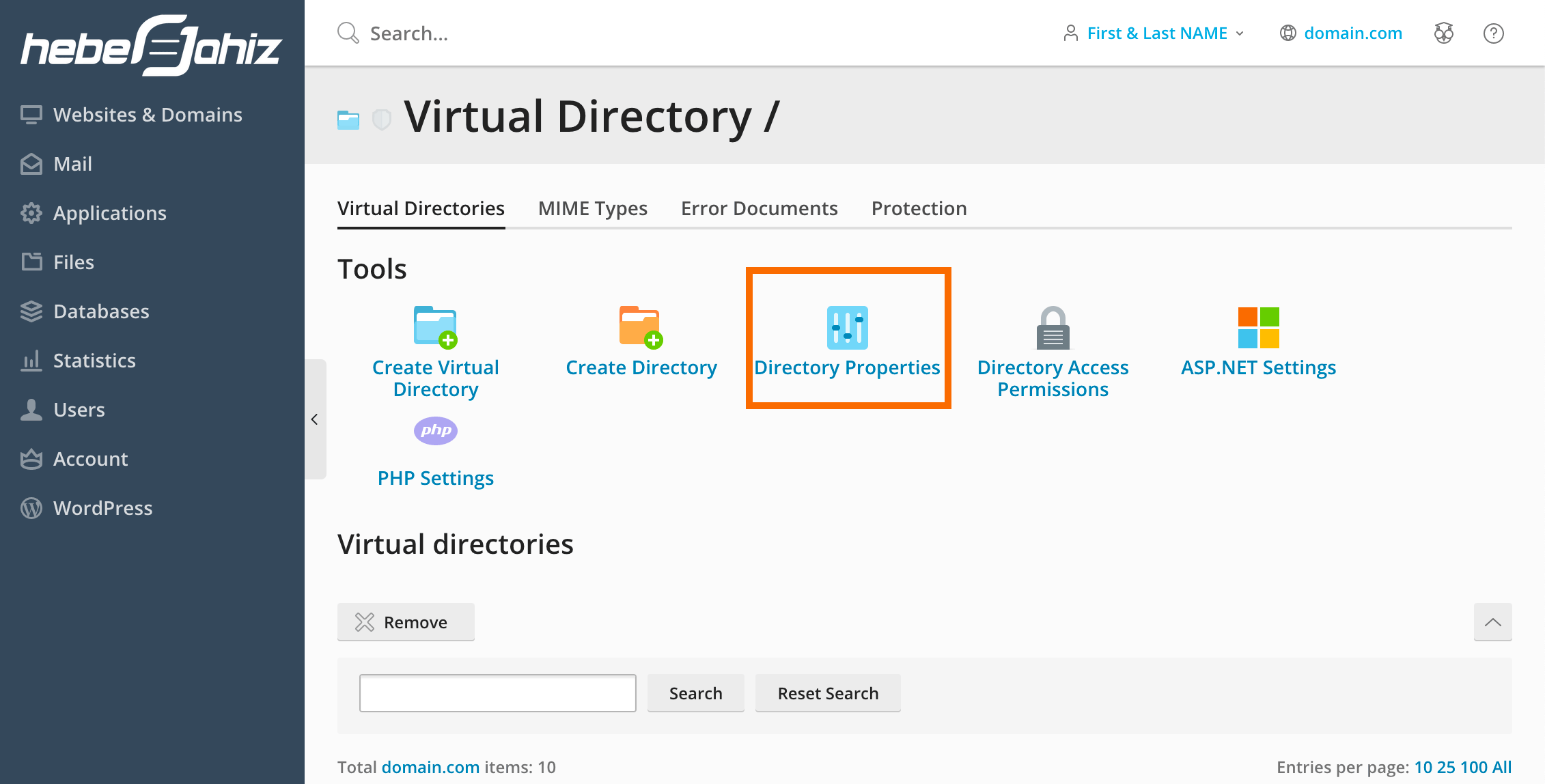 Plesk : Virtual Directories - Directory Properties