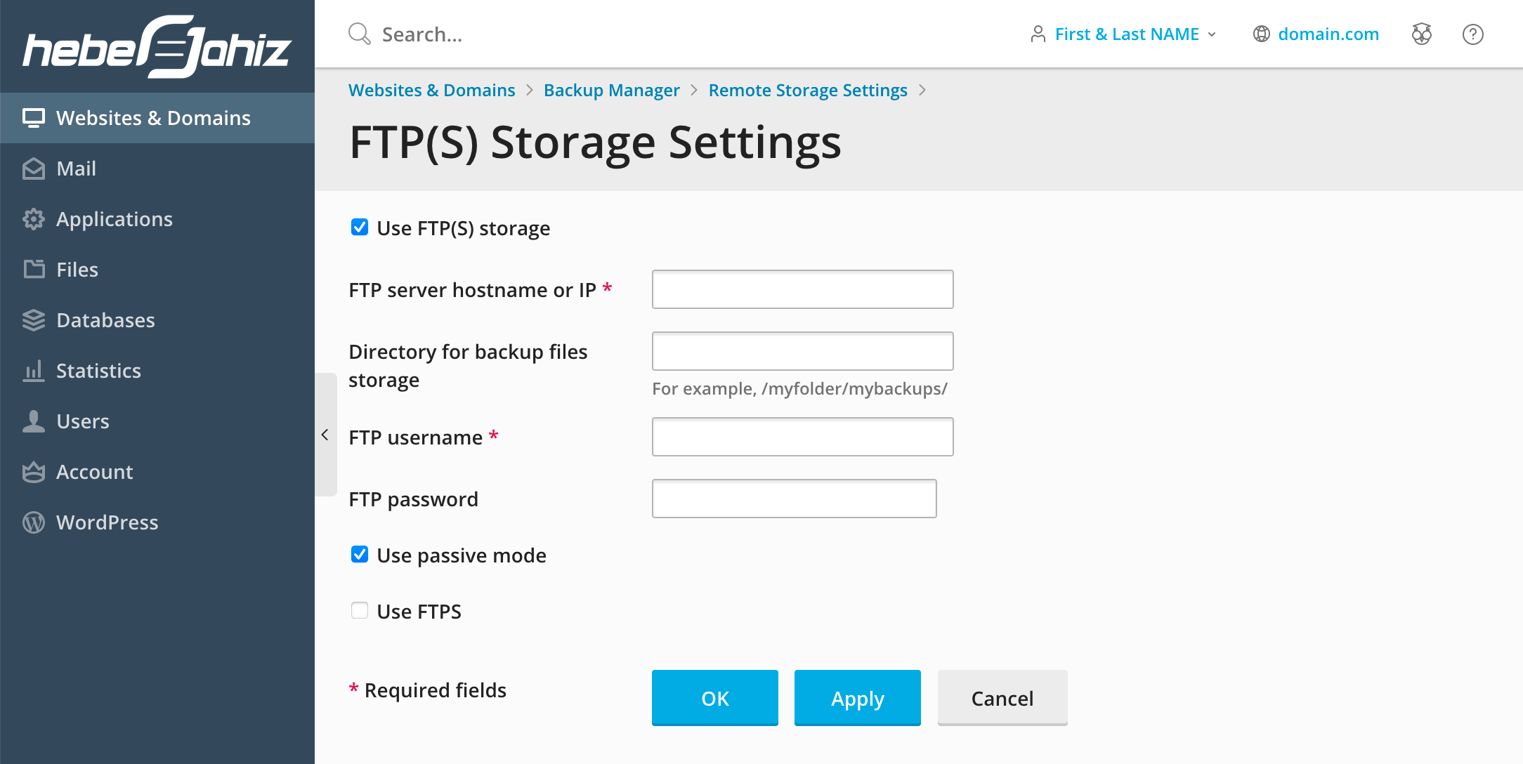 Plesk : FTP Remote Storage Settings