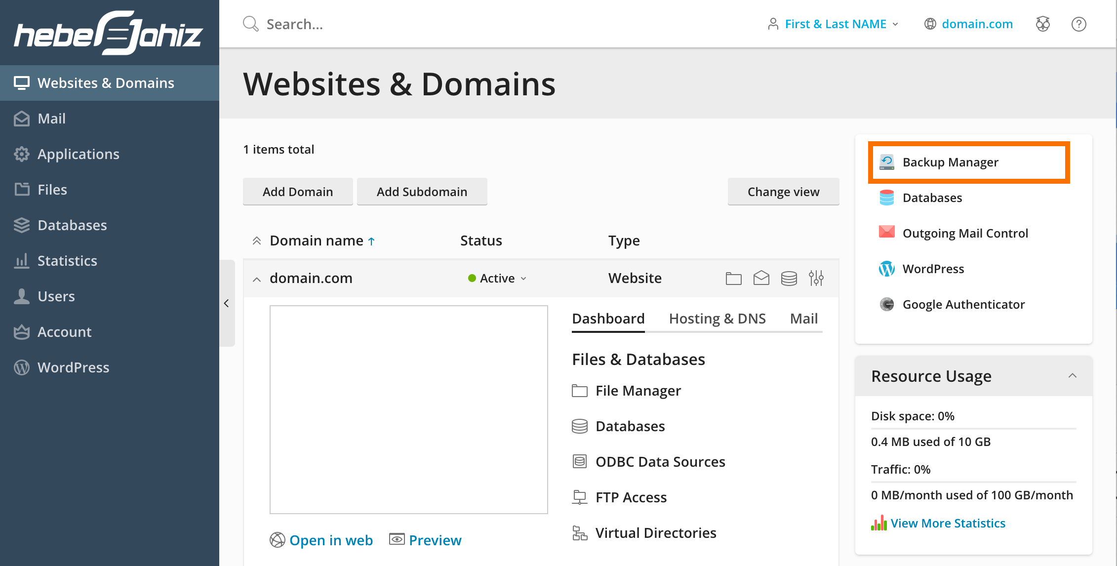 Plesk : Backup Manager