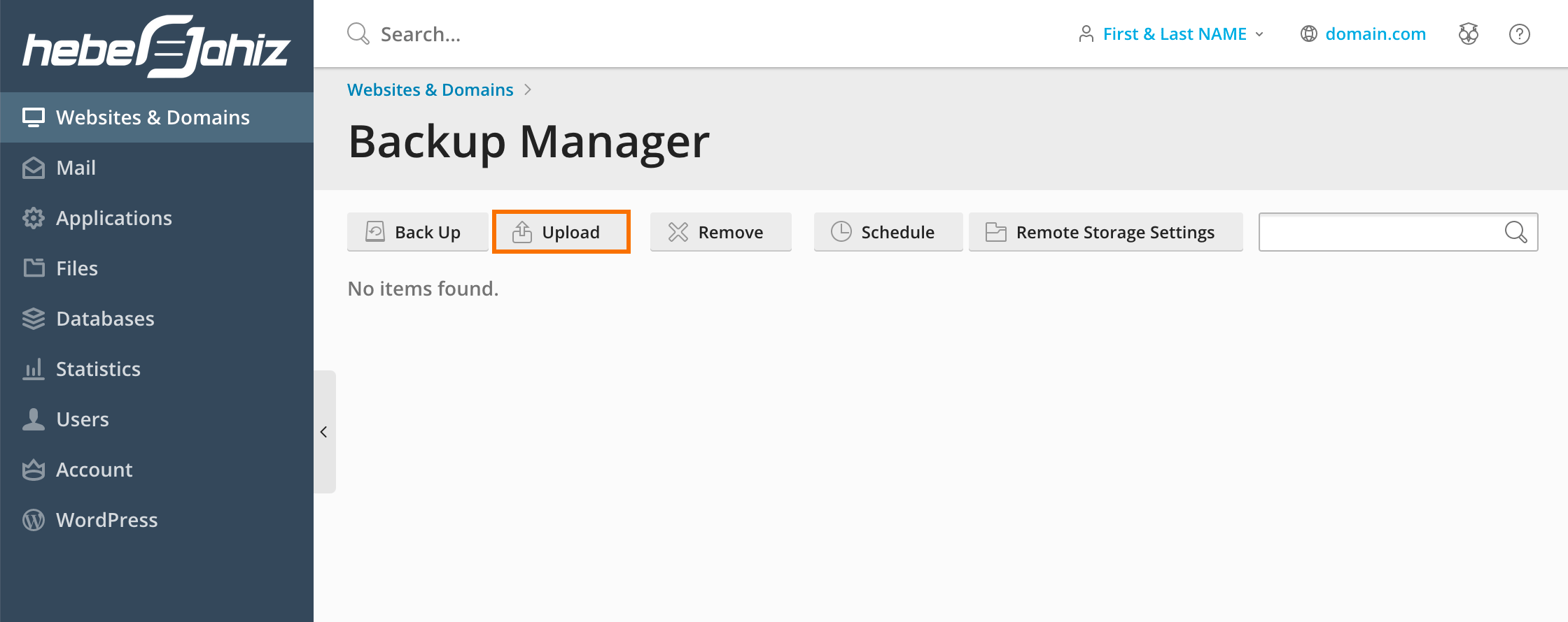 Plesk : Upload Backup File