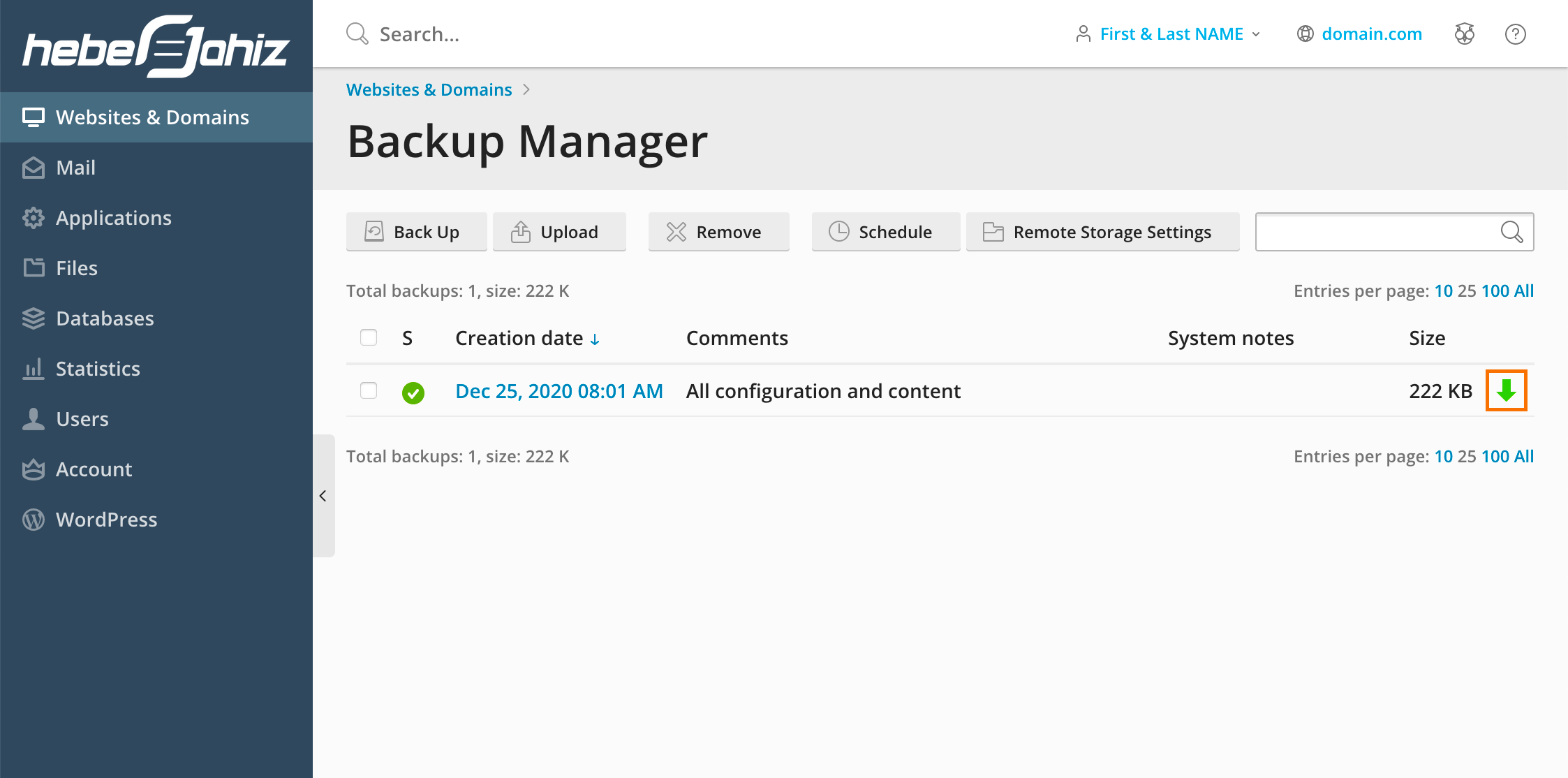 Plesk : Download Backup