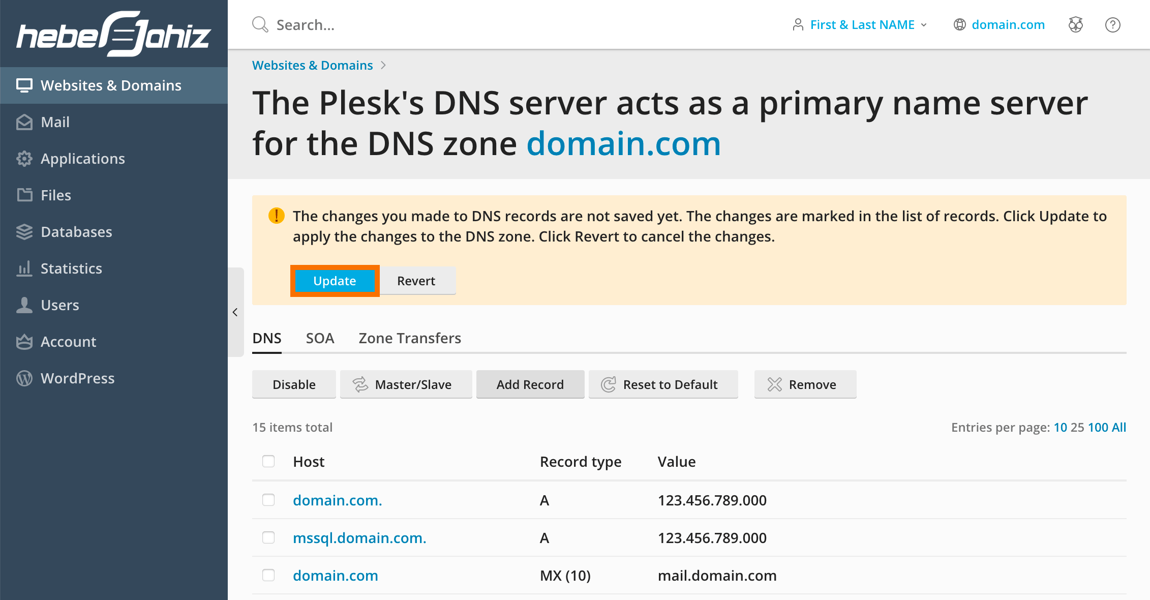 Plesk : Update DNS Record Change