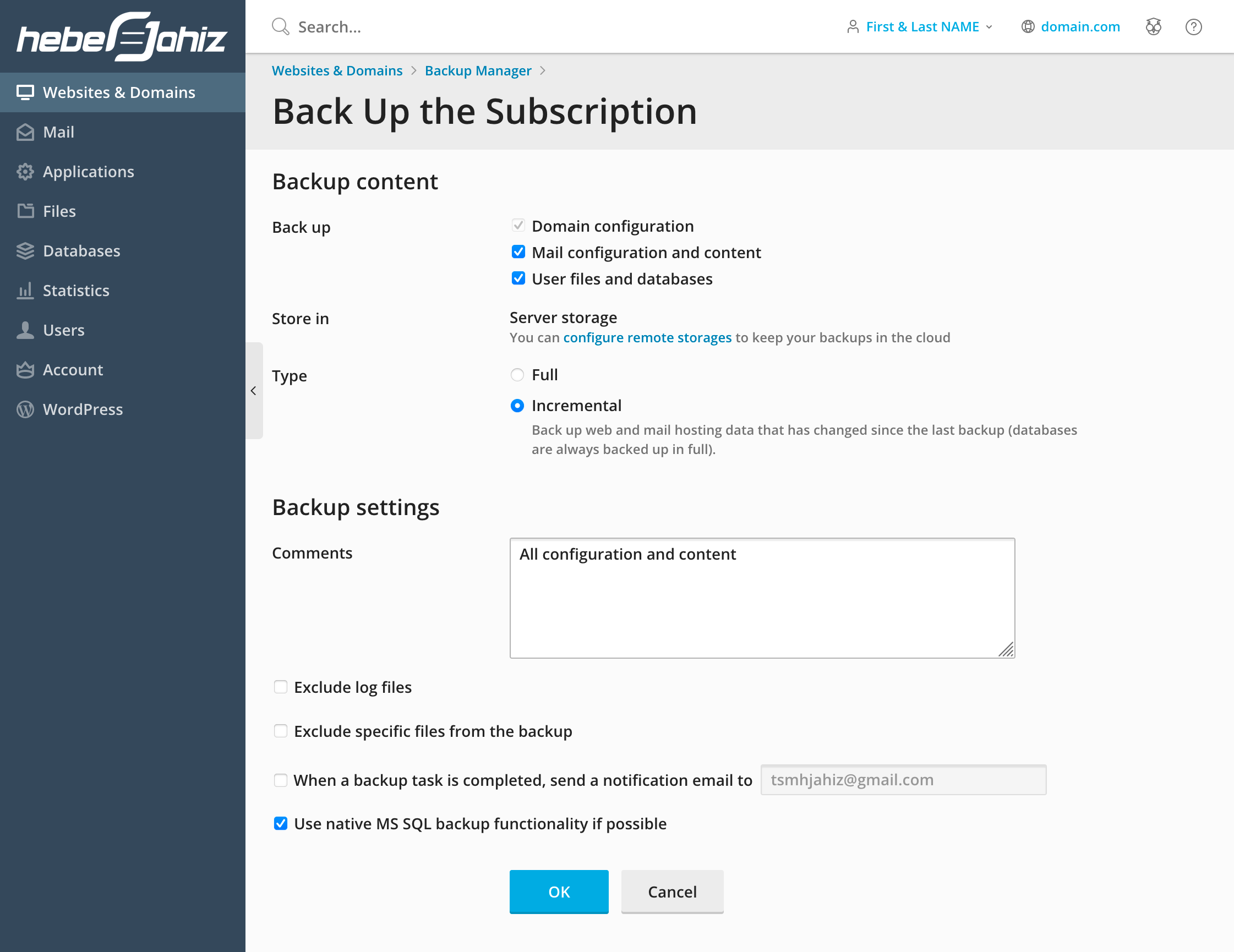 Plesk : Backup Options