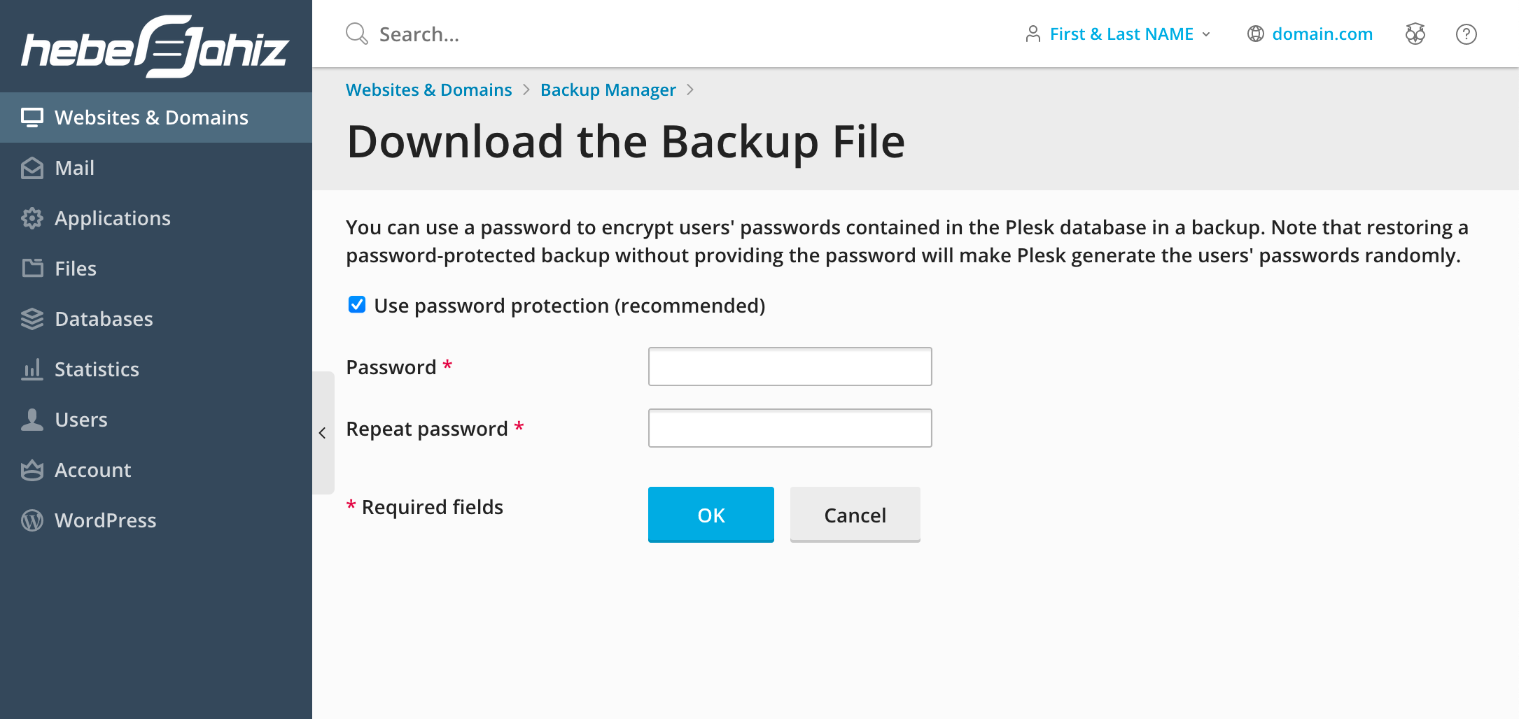 Plesk : Download Backup with Password Protection