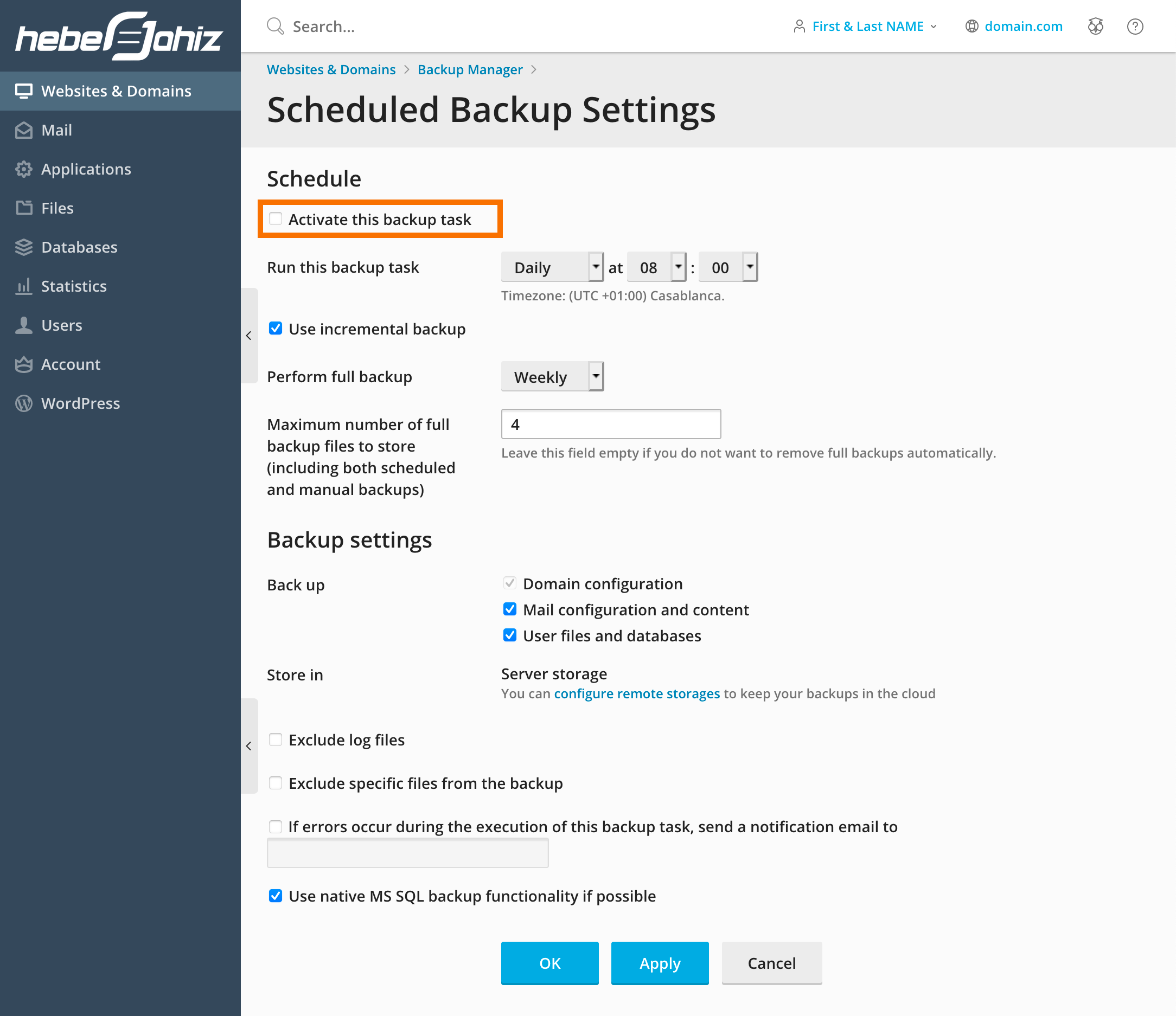 Plesk : Enable Backup Schedule