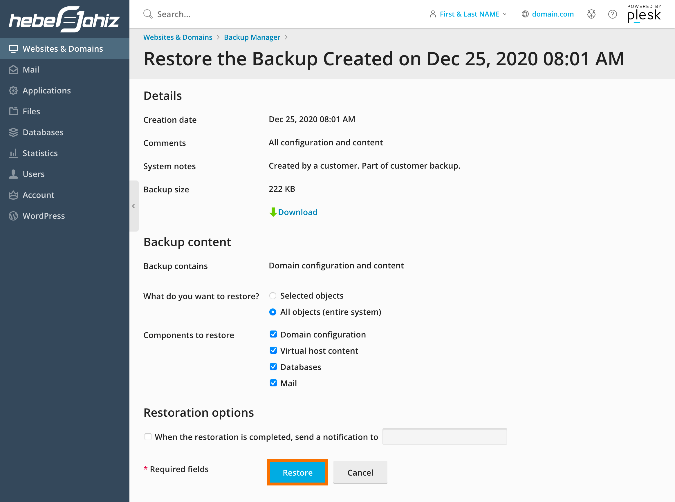 Plesk : Restore Backup File