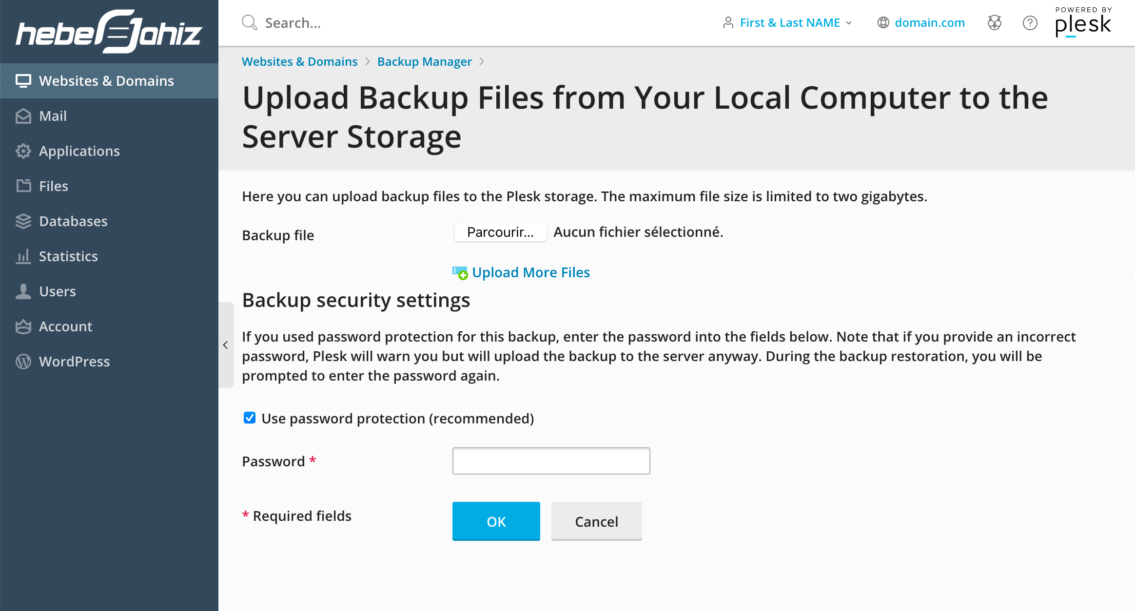 Plesk : Upload Backup File to Restore