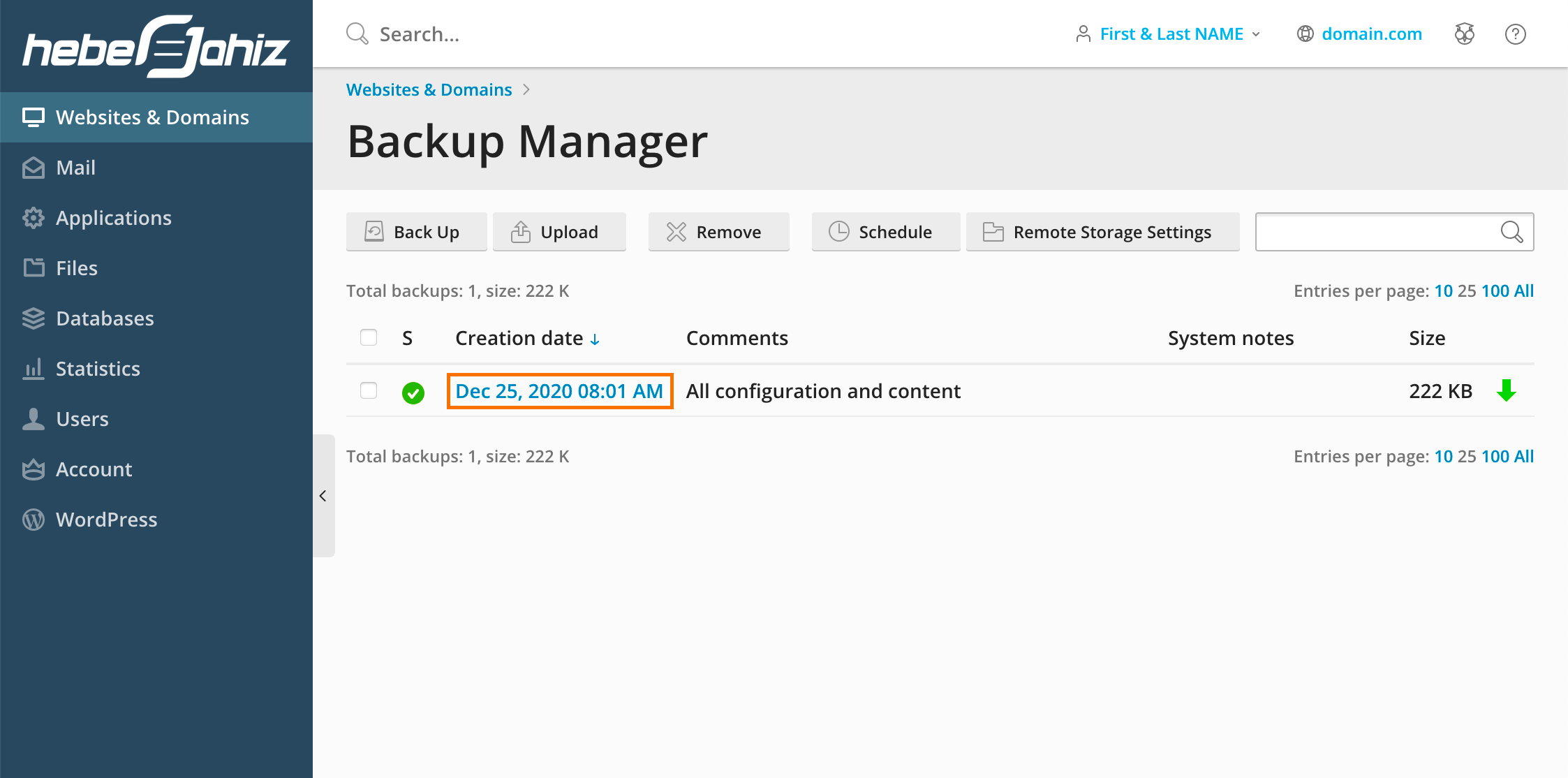 Plesk : Restore Backup