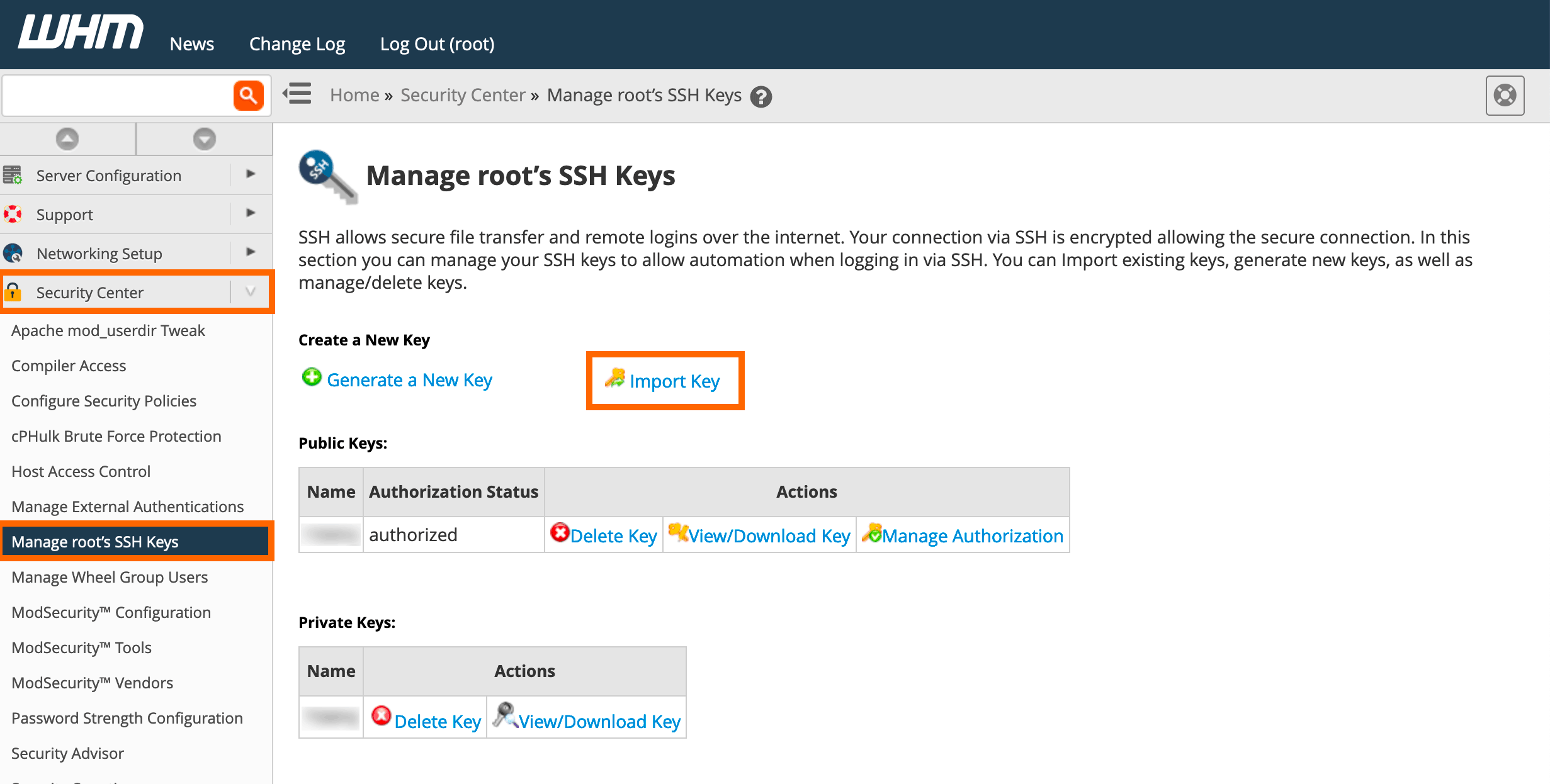 WHM : SSH Key