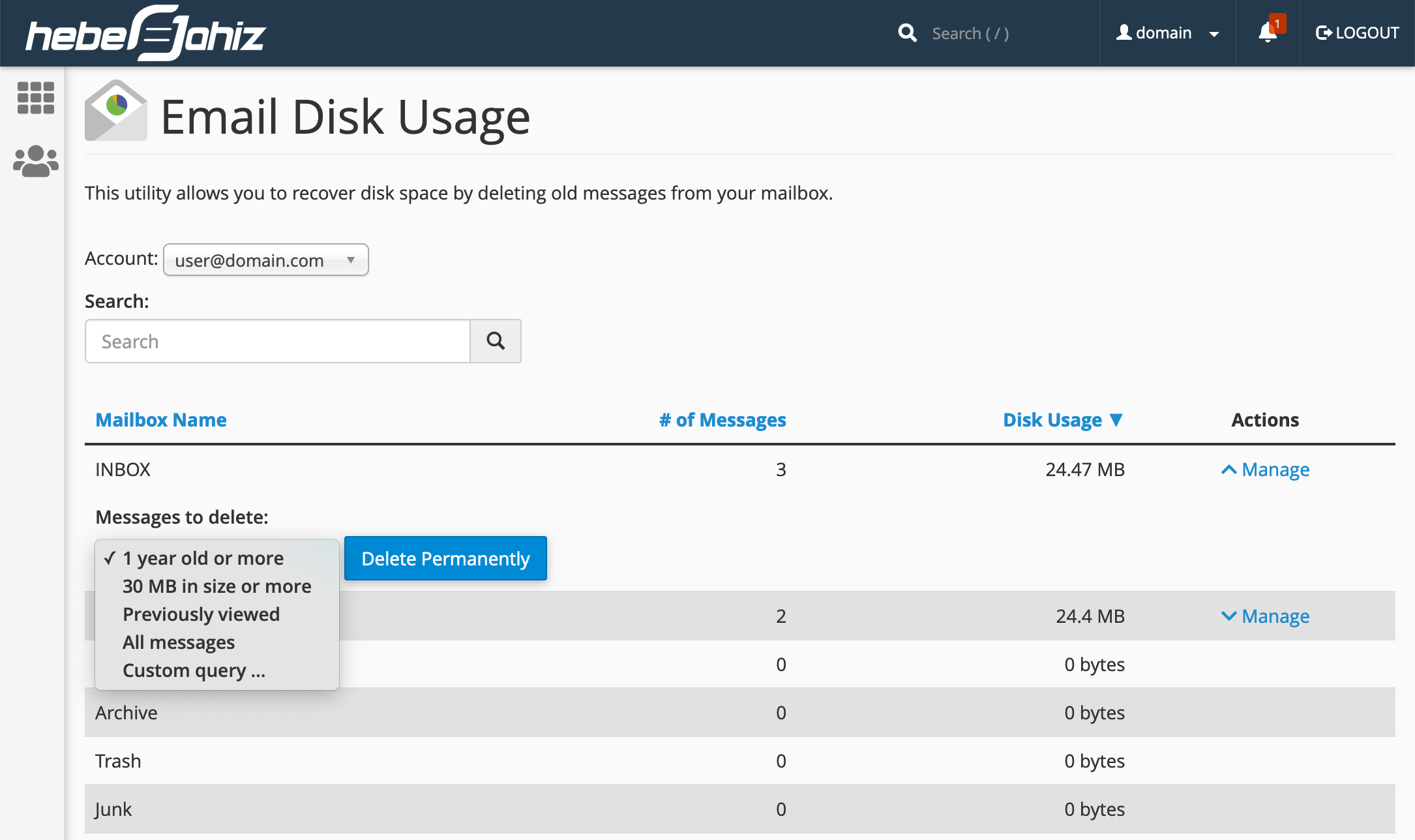 cPanel : Email Disk Usage Options