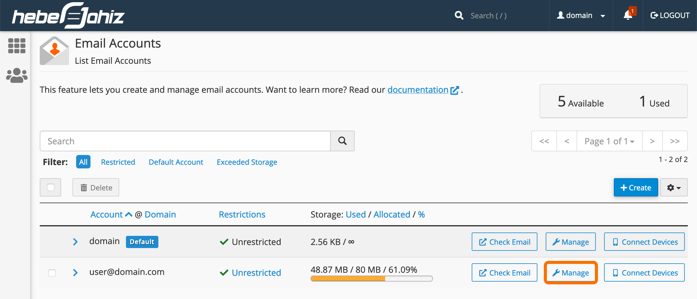 cPanel : Manage Email Account
