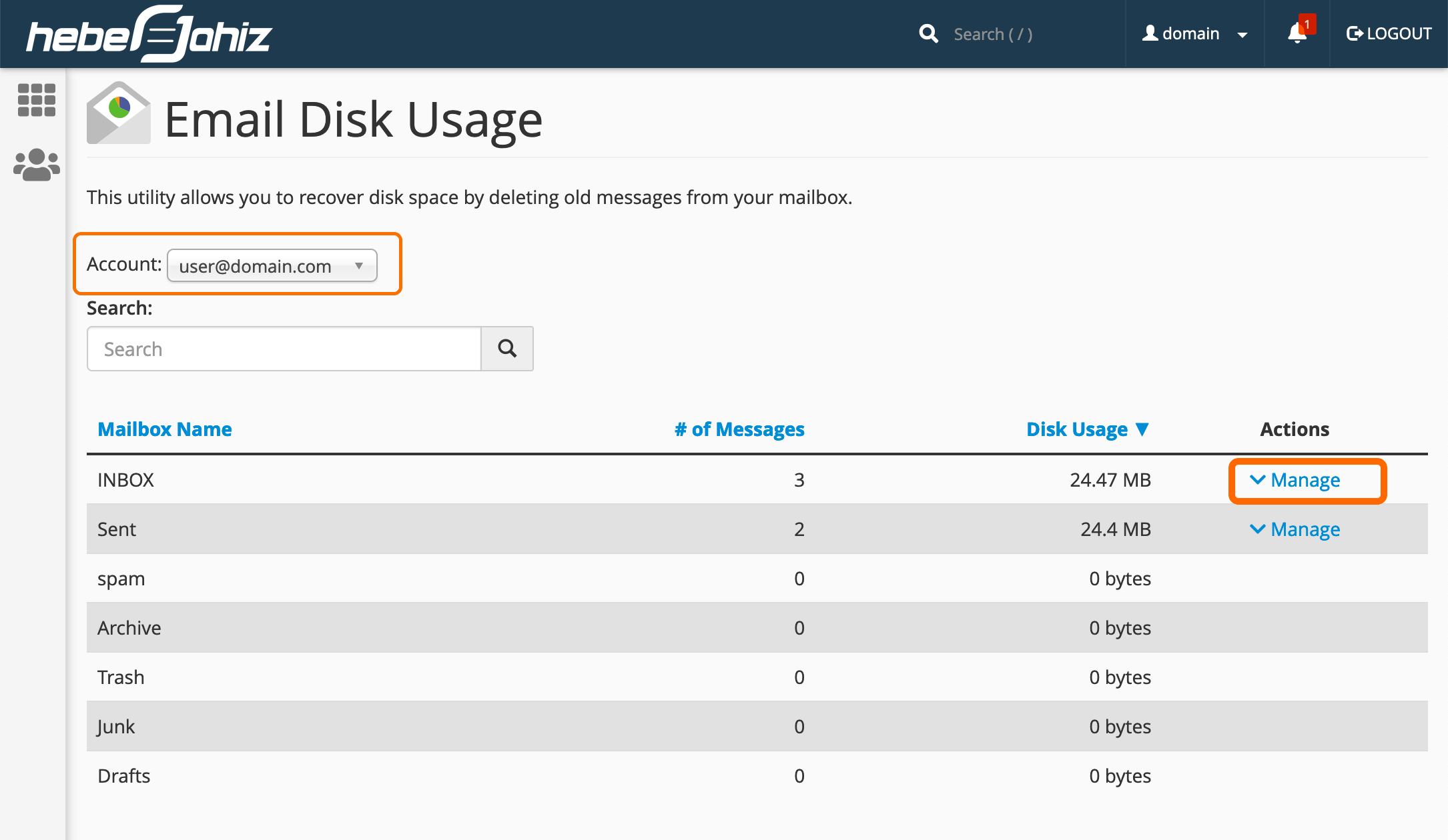 cPanel : Manage Email Disk Usage