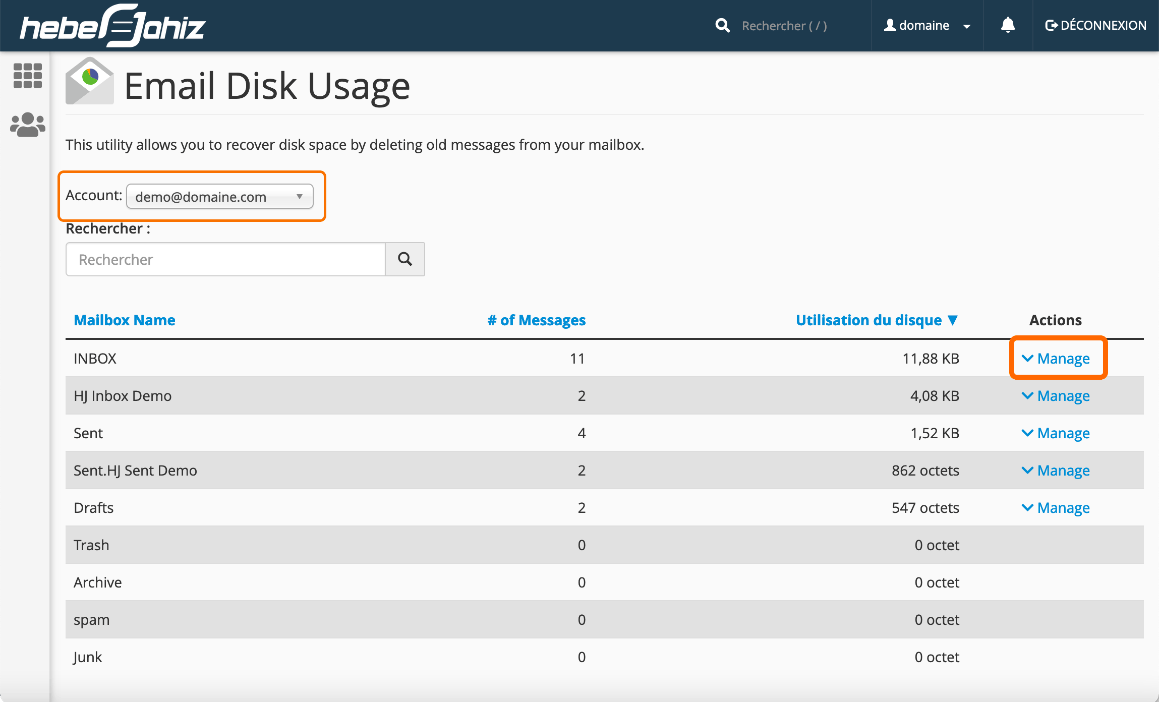 cPanel - Manage Email Disk Usage