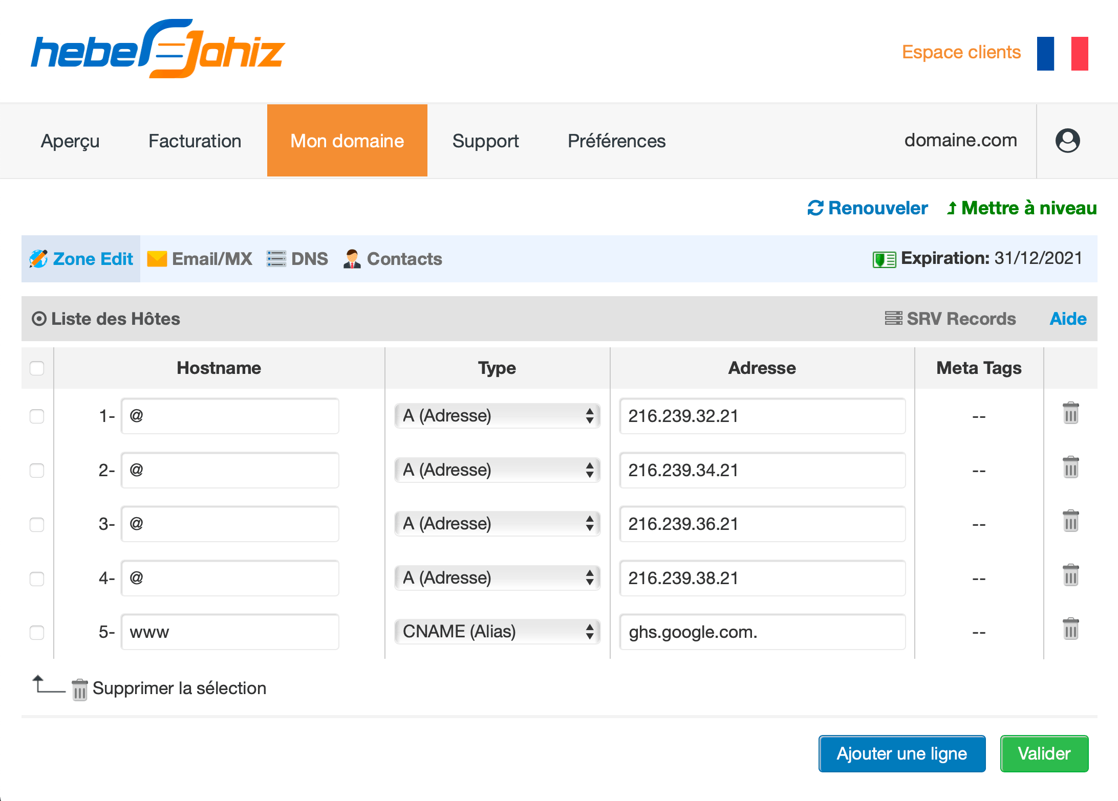 Espace Clients : Enregistrements DNS pour Blogger